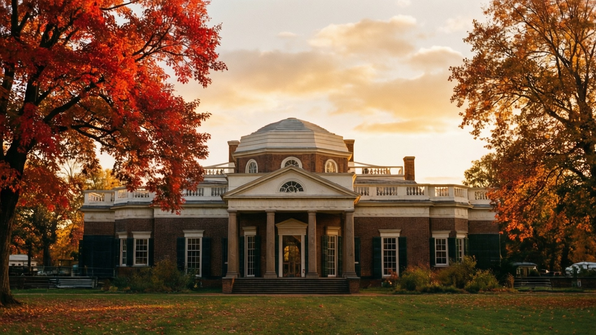 Monticello Autumn 壁紙 — 一座宏偉的新古典主義豪宅，帶有圓頂和柱子，被火紅和金黃的秋樹環繞，在柔和的金色日落天空下。