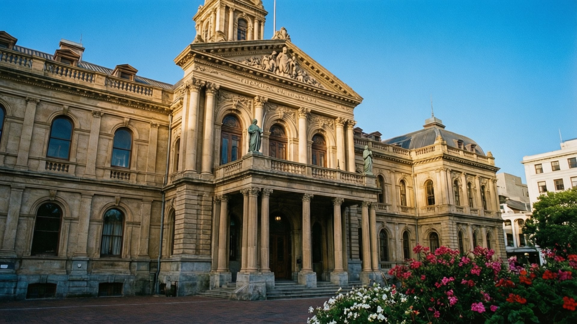 City Hall Grandeur 壁紙 — 宏偉的新古典主義石建築，帶有柱子和雕像，沐浴在金色的陽光下，背景是清澈的藍天，前景是充滿活力的粉紅色和白色花朵。