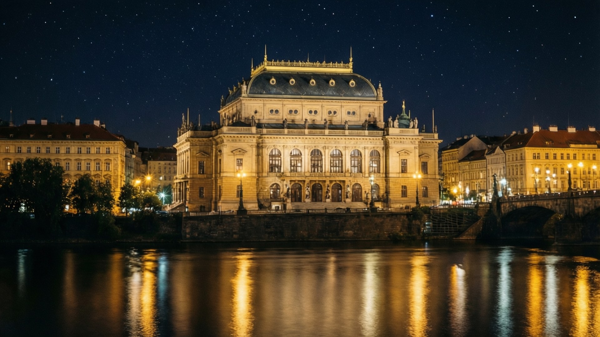 Prague National Theatre Night 壁紙 — 一座宏偉的新古典主義劇院在夜晚被照亮，溫暖地倒映在星空下平靜的河流上。