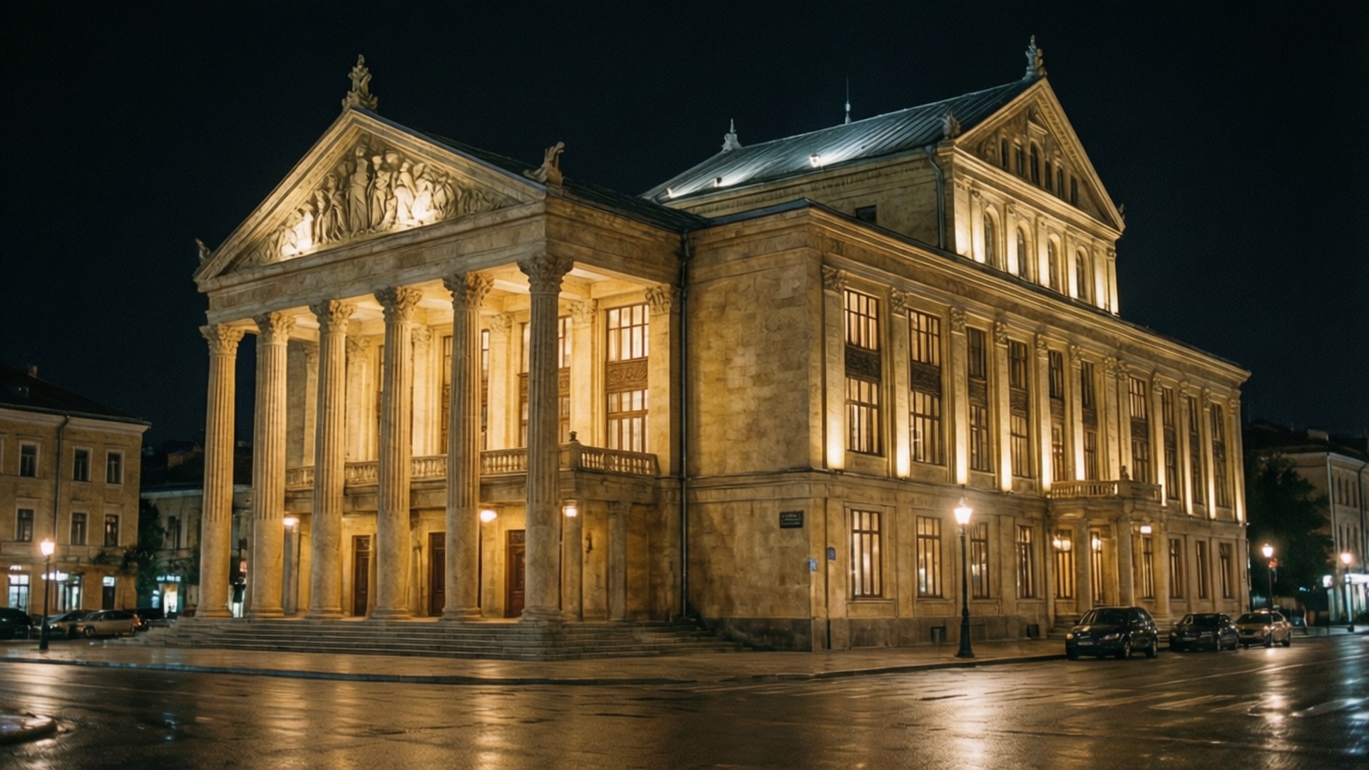 Opera House Elegance 壁紙 — 一座宏偉的新古典主義劇院在夜間被溫暖的燈光照亮，燈光反射在濕漉漉的路面上。