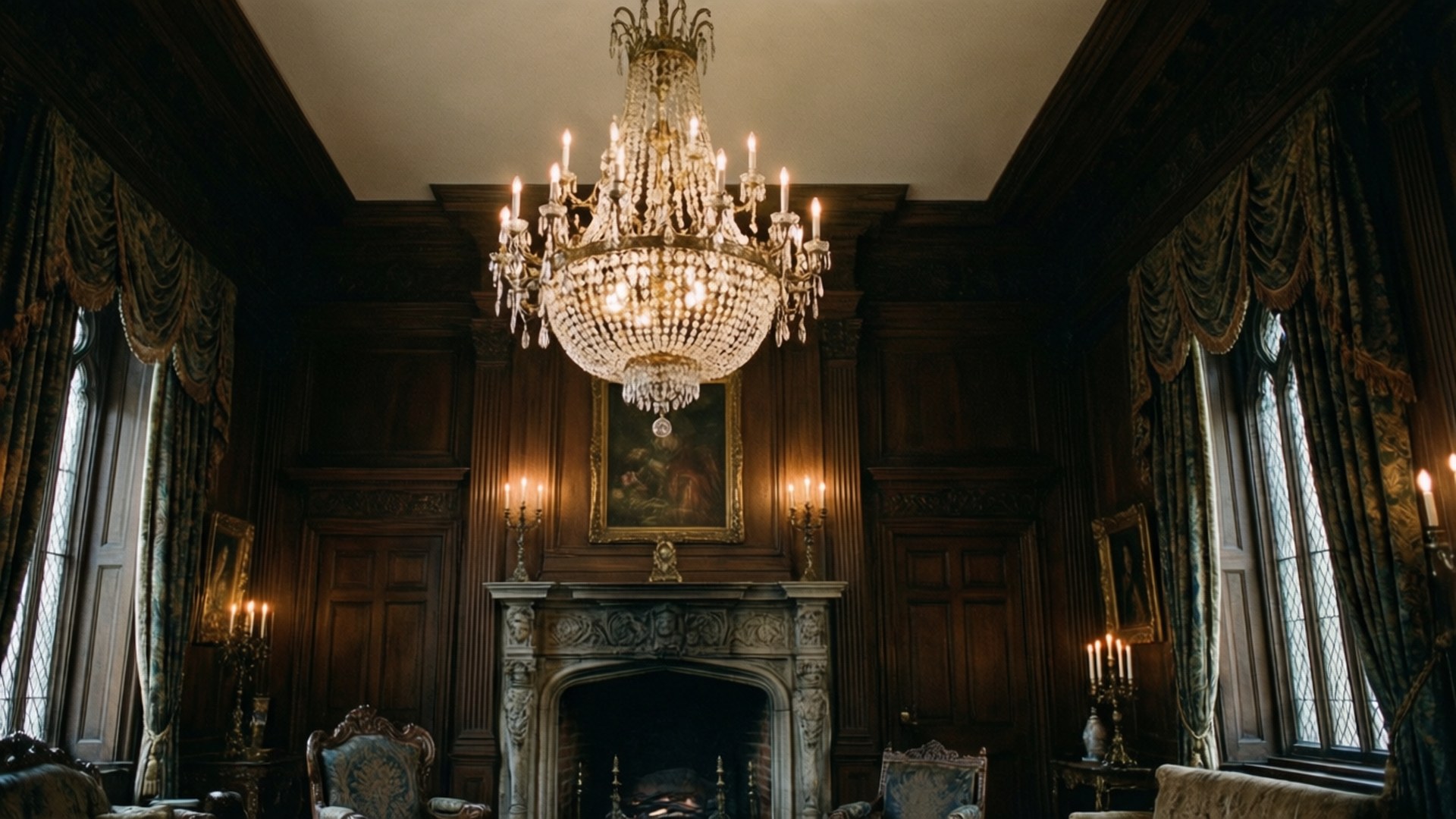 Gothic Mansion Hall 壁紙 — 一個華麗的大型吊燈懸掛在石壁爐上方，房間內有豐富的木鑲板、厚重的窗簾和燭光。