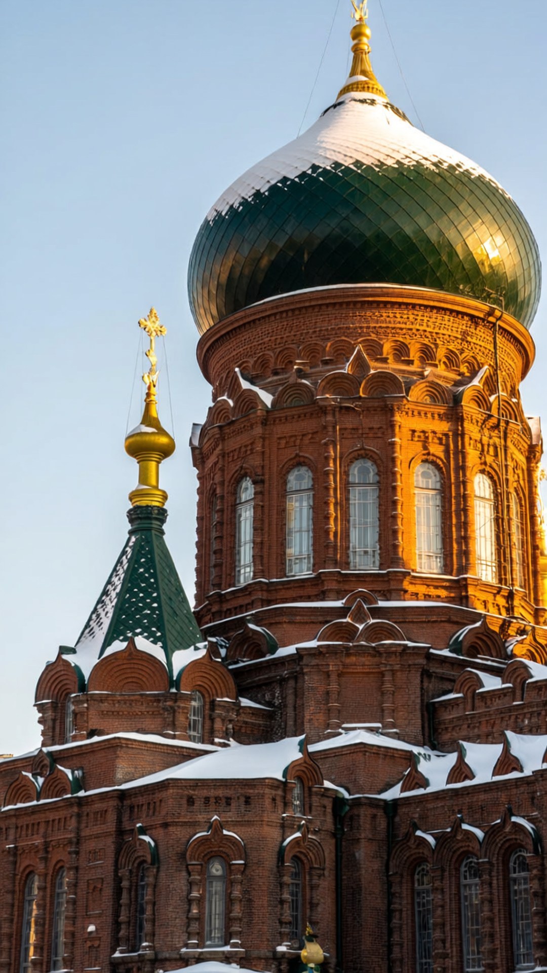 Snowy Saint Sophia 壁紙 — 一座宏偉的紅磚俄羅斯東正教教堂，帶有雪塵圓頂和金色十字架，在清澈的藍天下。