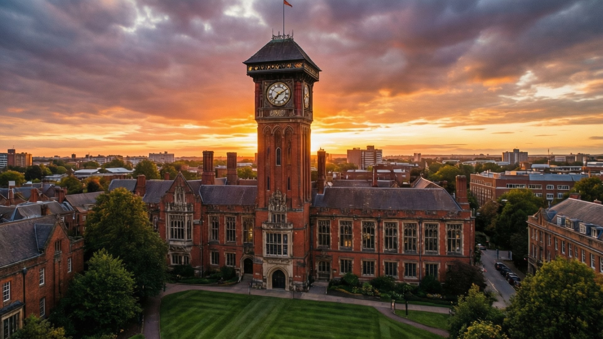 Old Joe Sunset 壁紙 — 一座宏偉的紅磚大學建築，高聳的鐘樓在日落時分雄偉地矗立，將溫暖的金色光芒灑在修剪整齊的草坪和周圍的樹木上。