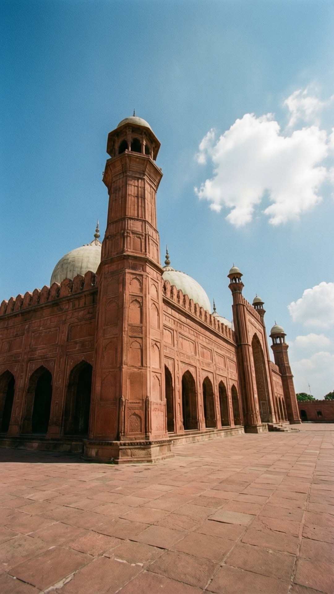 Badshahi Mosque Blue Sky 壁紙 — 一座宏偉的紅色砂岩清真寺，帶有白色圓頂和宣禮塔，矗立在晴朗的藍天下，飄著蓬鬆的白雲。