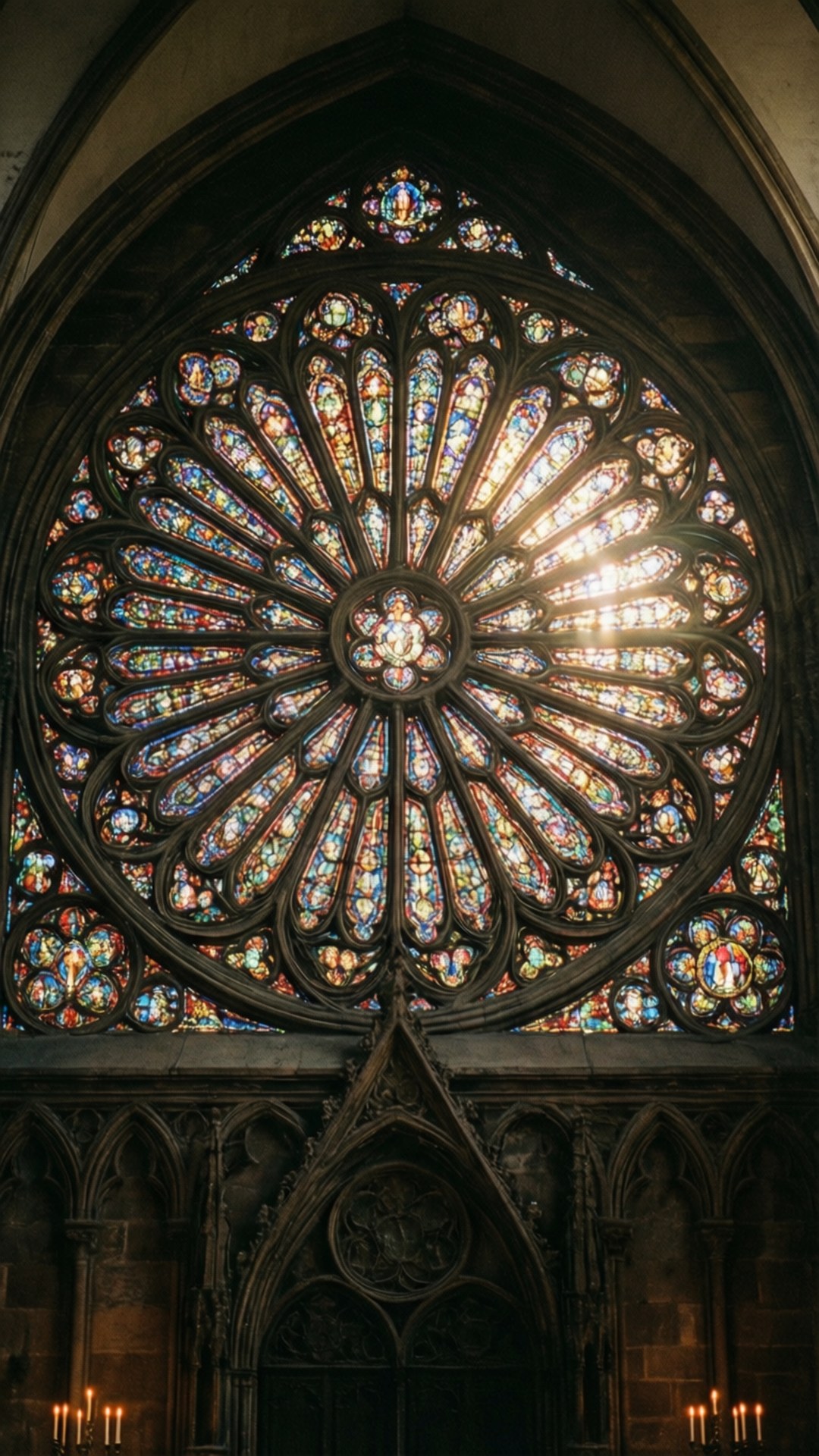 Rose Window Radiance 壁紙 — 大教堂中一個巨大的彩繪玻璃玫瑰窗，透過複雜的哥德式窗飾散發出五彩繽紛的光芒。