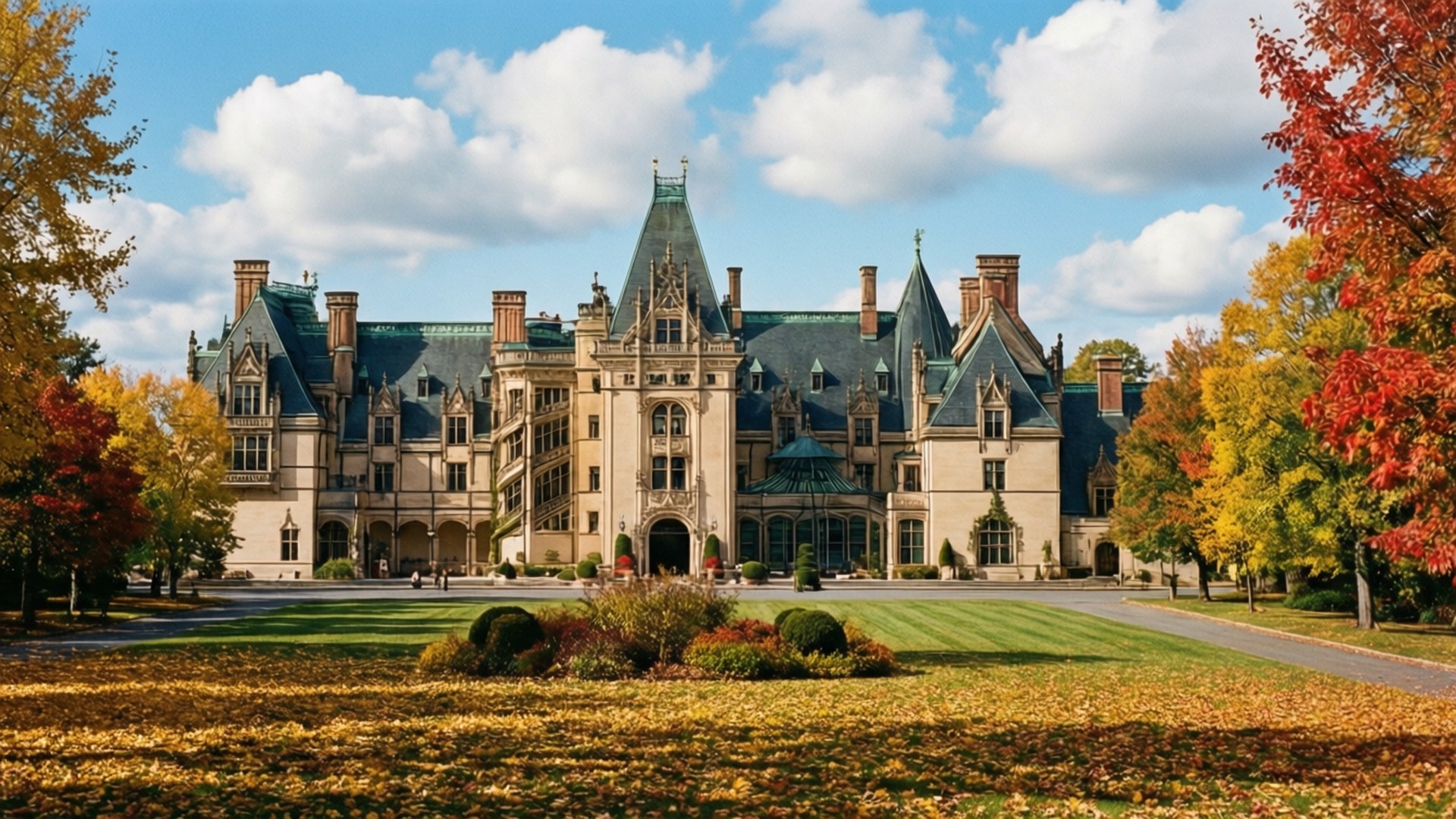 Biltmore in Autumn 壁紙 — 一座宏偉的石頭城堡，帶有塔樓和綠色屋頂，矗立在充滿活力的秋葉之中，在明亮的藍天白雲下。