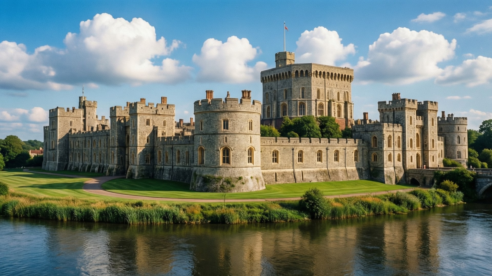 Majestic Windsor Castle 壁紙 — 一座宏偉的石頭城堡，帶有塔樓和角樓，雄偉地矗立在平靜的河邊，在明亮的藍天下有蓬鬆的白雲。