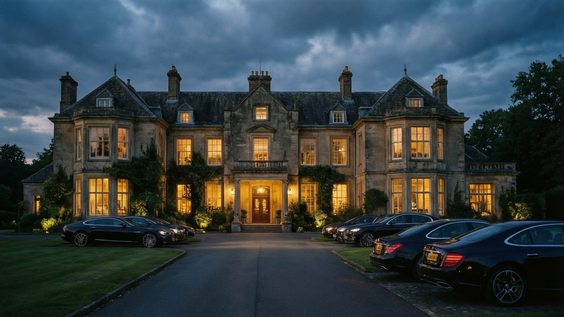 Carrington Manor at Dusk 壁紙 — 一座宏偉的石砌莊園在暮色蒼茫的天空下散發溫暖光芒，豪華汽車沿車道停放。