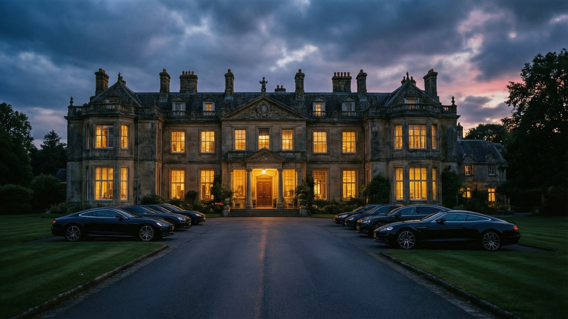Carrington Manor at Dusk 壁紙 — 一座宏偉的石砌莊園在黃昏時分溫暖地發光，黑色豪華汽車排列在車道上，籠罩在陰鬱的暮色天空下。