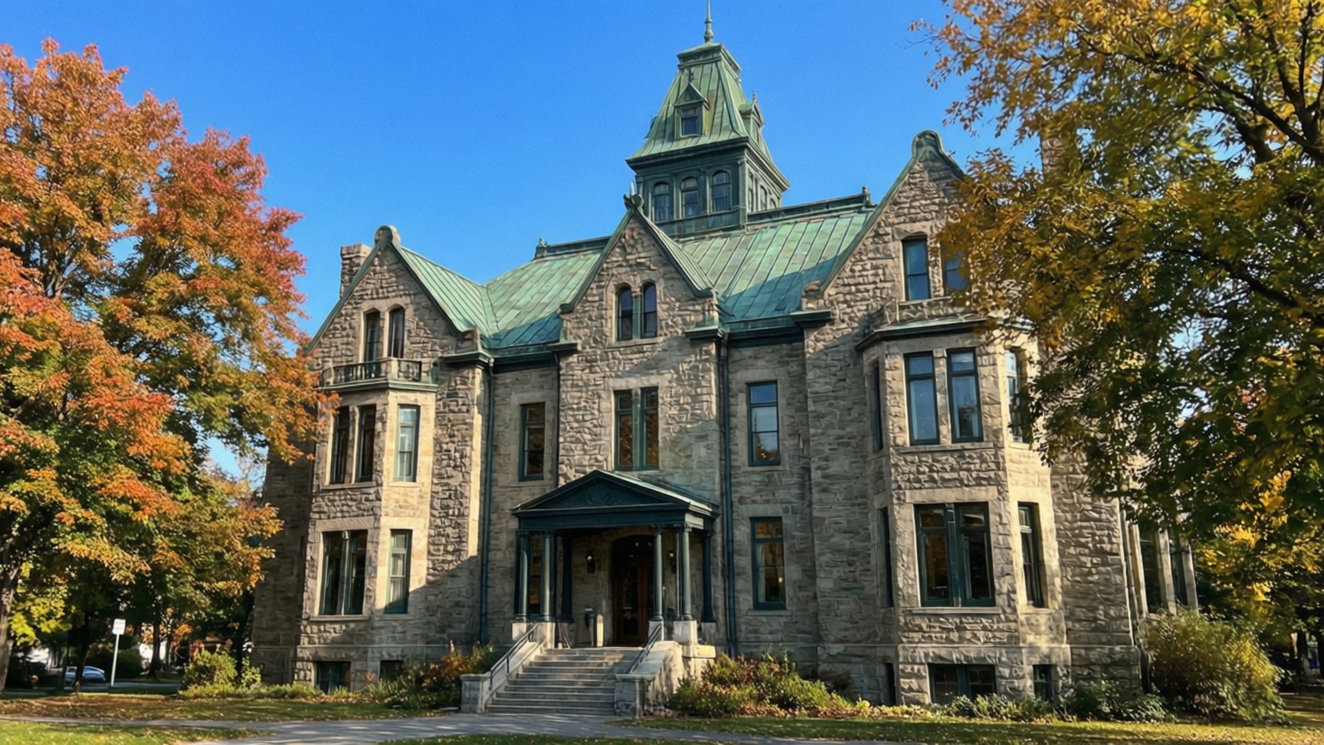 McCord Museum Elegance 壁紙 — 一座宏偉的石砌大宅，擁有綠色銅屋頂，矗立在晴朗藍天下充滿活力的秋樹之中。