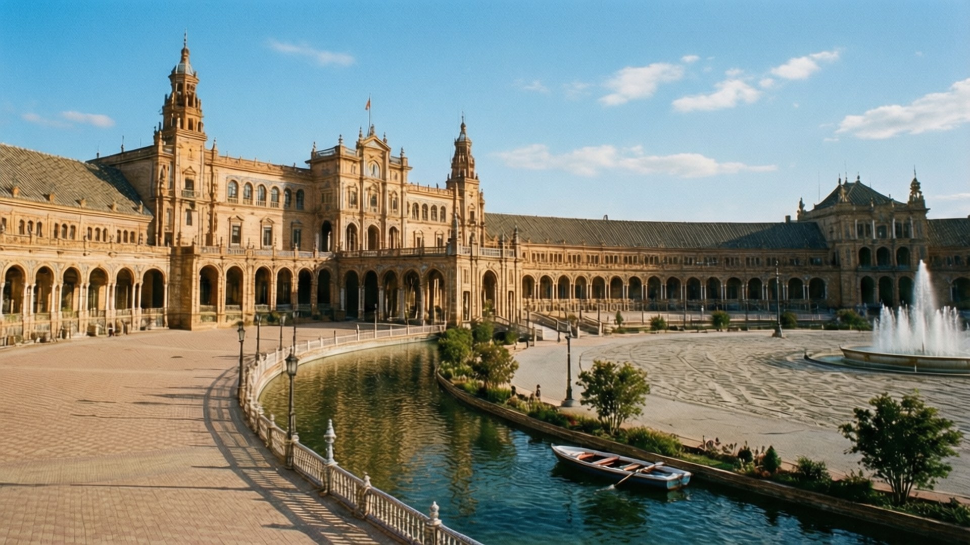 Seville Plaza de España 壁紙 — 宏偉的陽光廣場，裝飾華麗的金色建築，拱形步道倒映在噴泉旁平靜的運河水中。