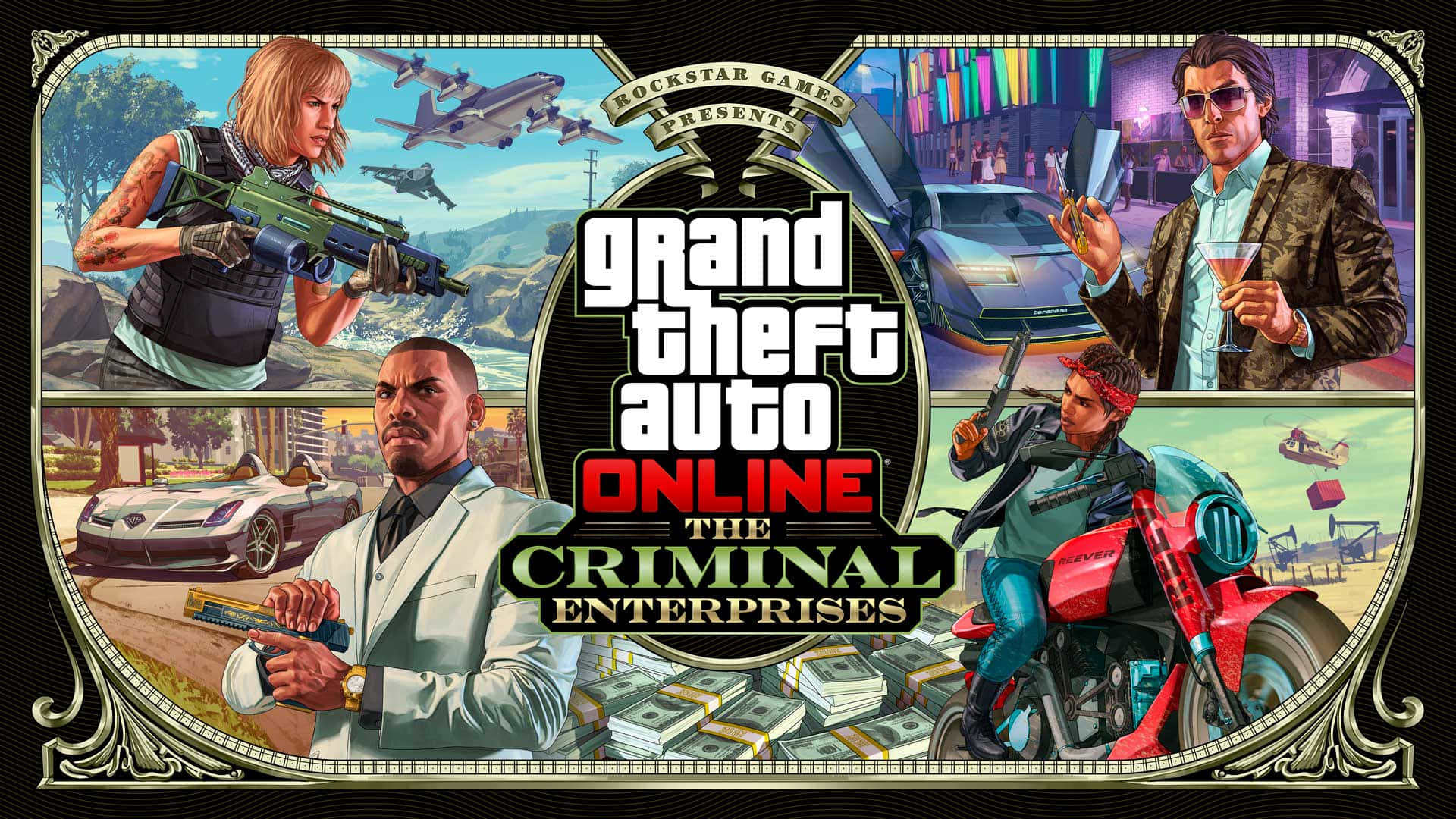 遊戲 桌布 壁紙 — Grand Theft Auto Online 宣傳藝術，以武裝角色、豪華汽車和金錢為特色，採用風格化的漫畫書佈局。