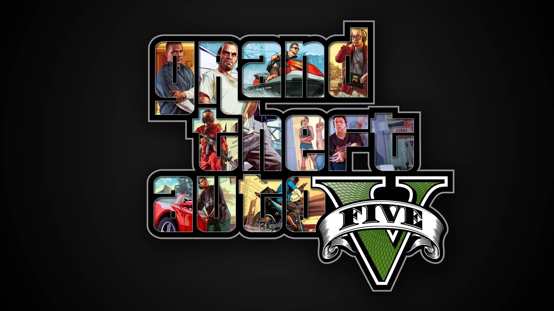 Grand Theft Auto V 遊戲標誌，字母內有角色肖像。 — GTA 5 動圖 壁紙