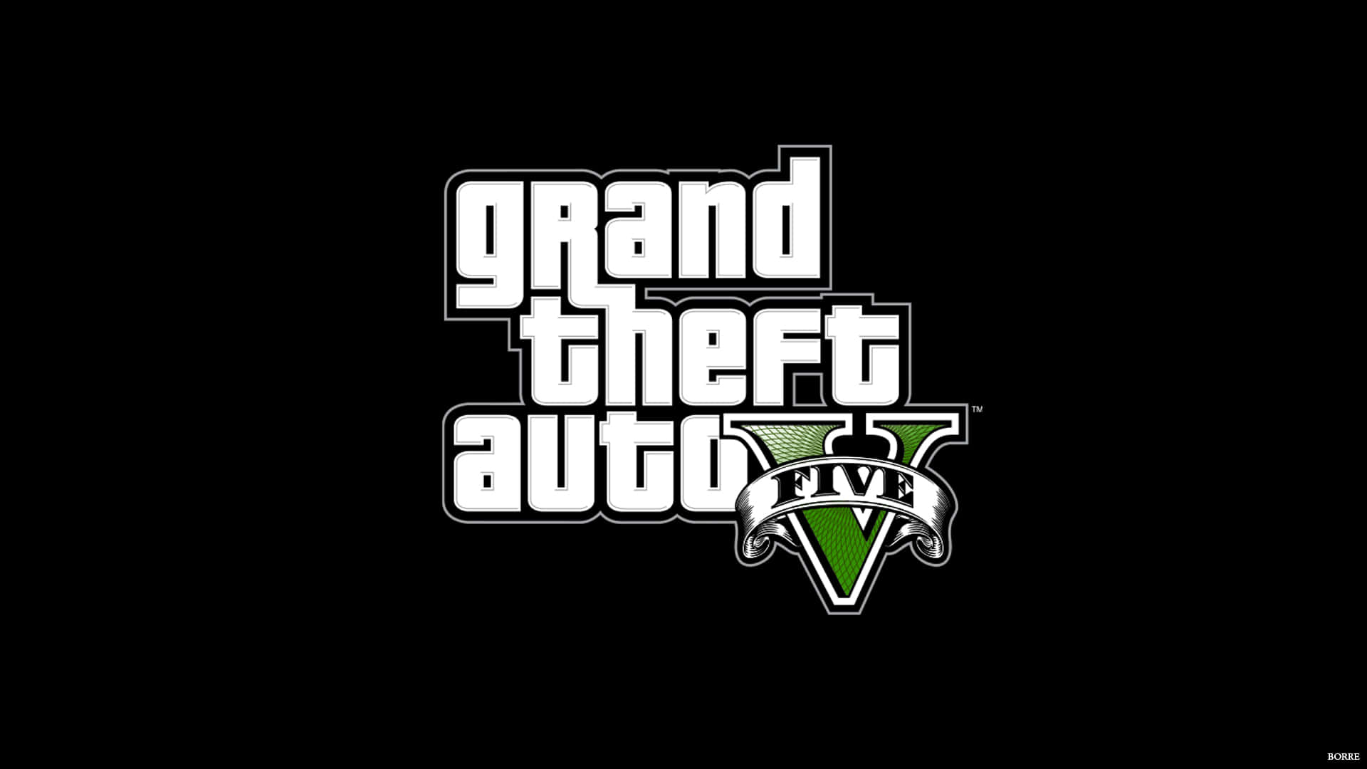 1920x1080 Grand Theft Auto V 桌布 壁紙 — Grand Theft Auto V 標誌以粗體白色和綠色文字居中顯示在純黑色背景上。