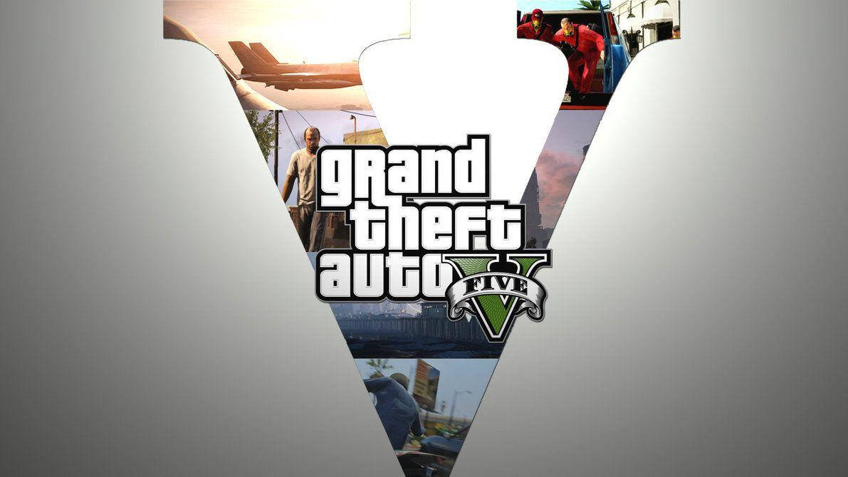 v 桌布 壁紙 — Grand Theft Auto V 標誌，以角色、車輛和城市景觀的場景框成一個風格化的V形。