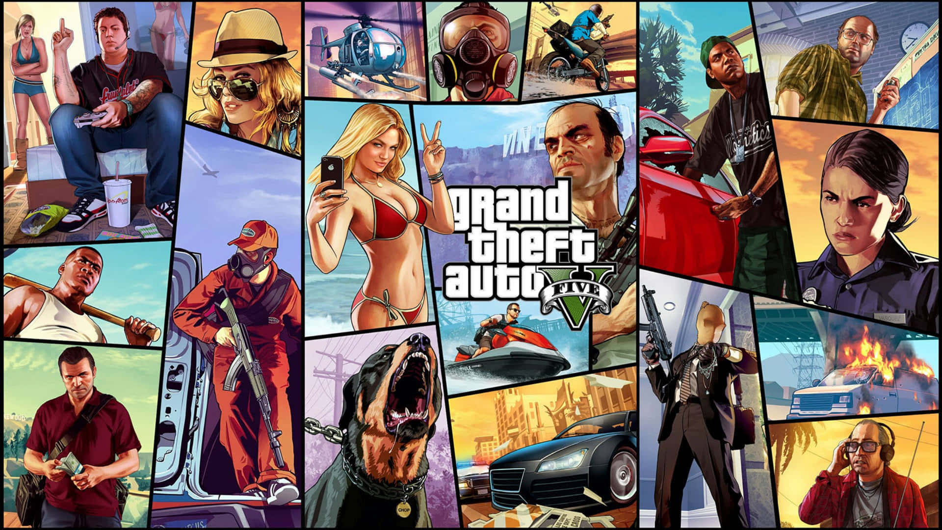 Grand Theft Auto V角色拼貼畫，包含槍支、汽車和混亂 — 遊戲 壁紙