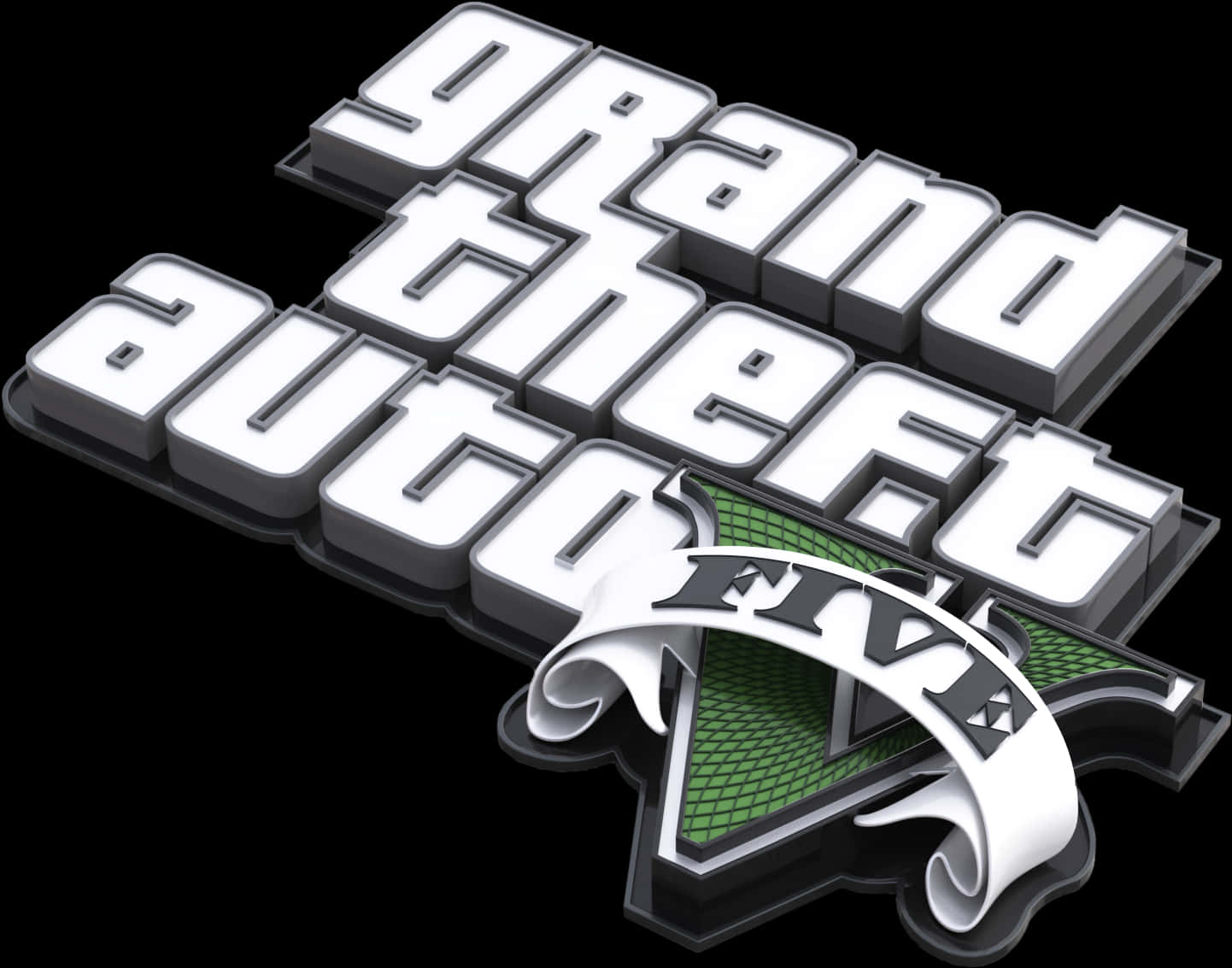 Gta Logo 桌布 壁紙 — Grand Theft Auto V 標誌以粗體3D白色字母搭配綠色紋理V標誌，置於黑色背景上。