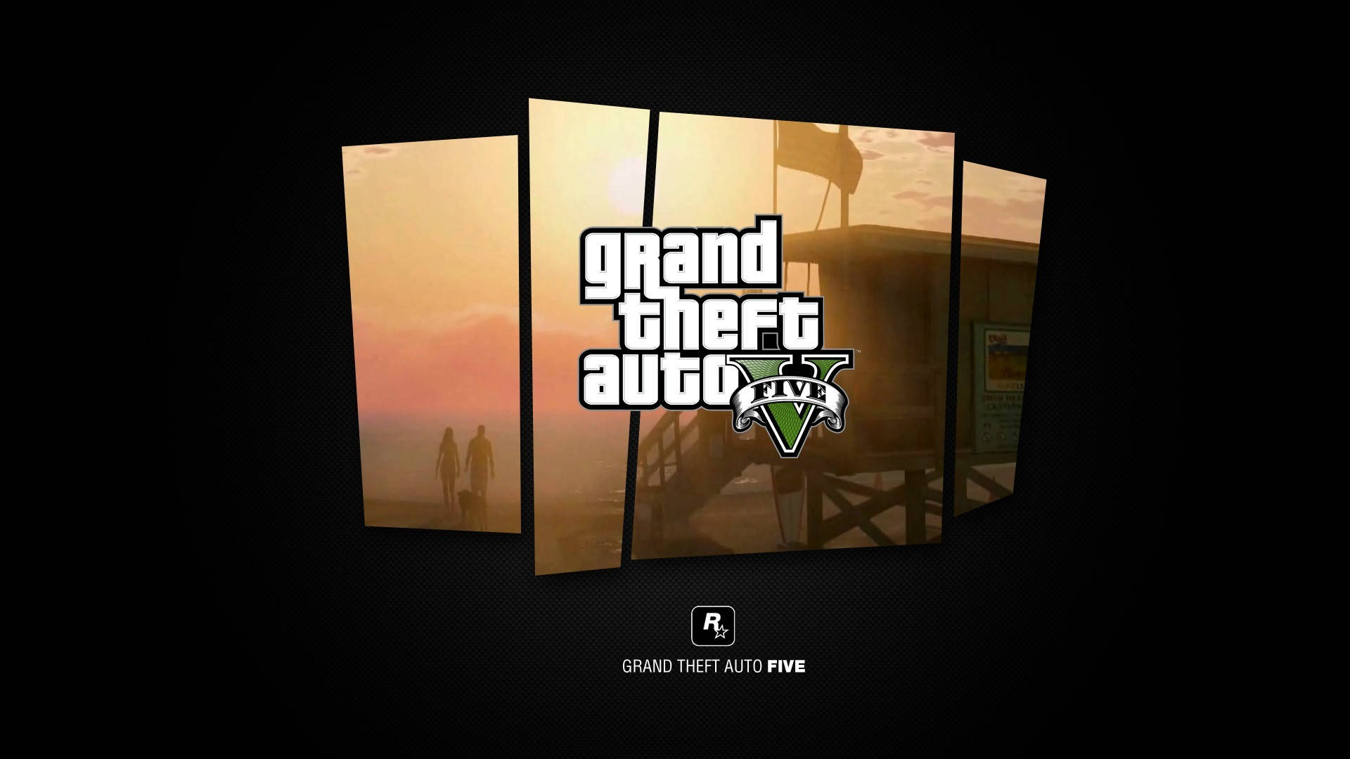 v 桌布 壁紙 — Grand Theft Auto V 標誌顯示在碎片化的面板上，背景為深色，帶有日落剪影。
