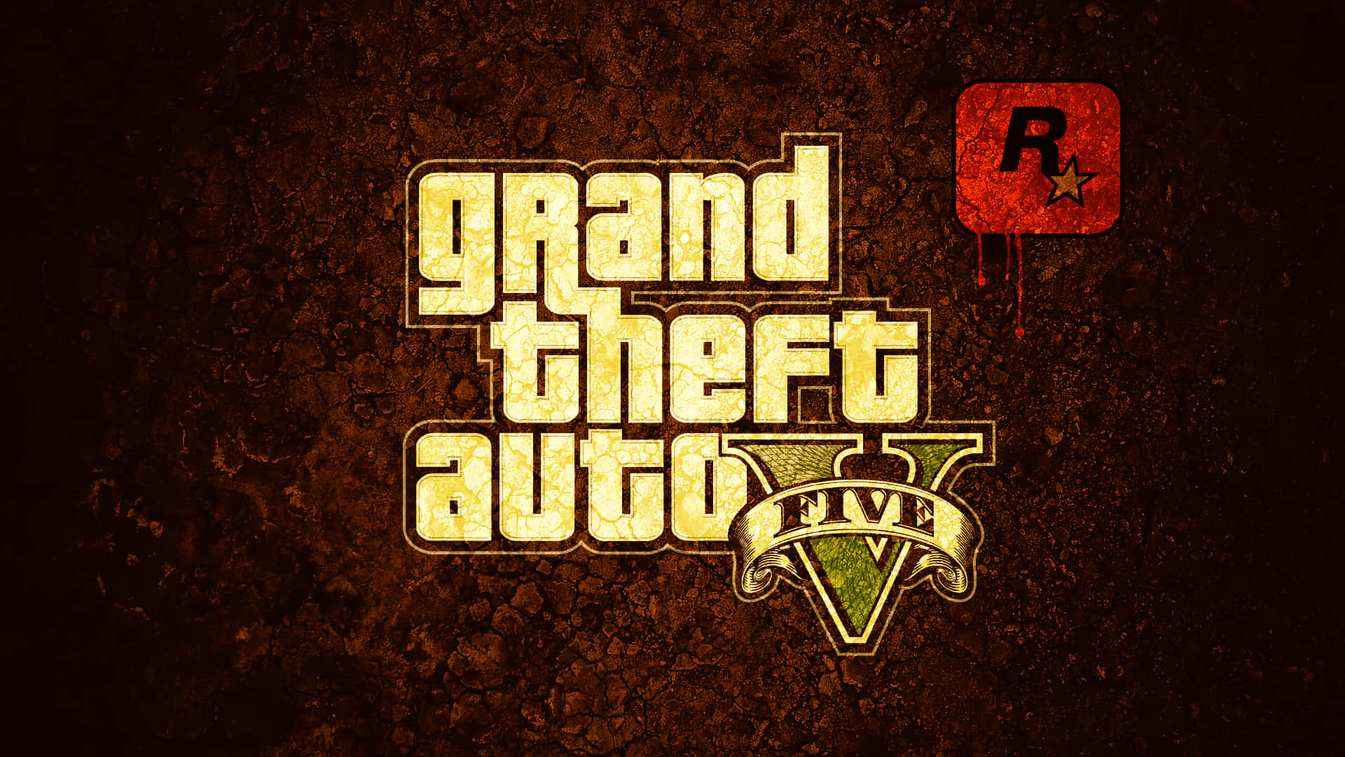 Grand Theft Auto V 桌布 壁紙 — Grand Theft Auto V 標誌以破裂的黃色文字在粗糙的棕色紋理背景上發光，並帶有 Rockstar Games 標誌。