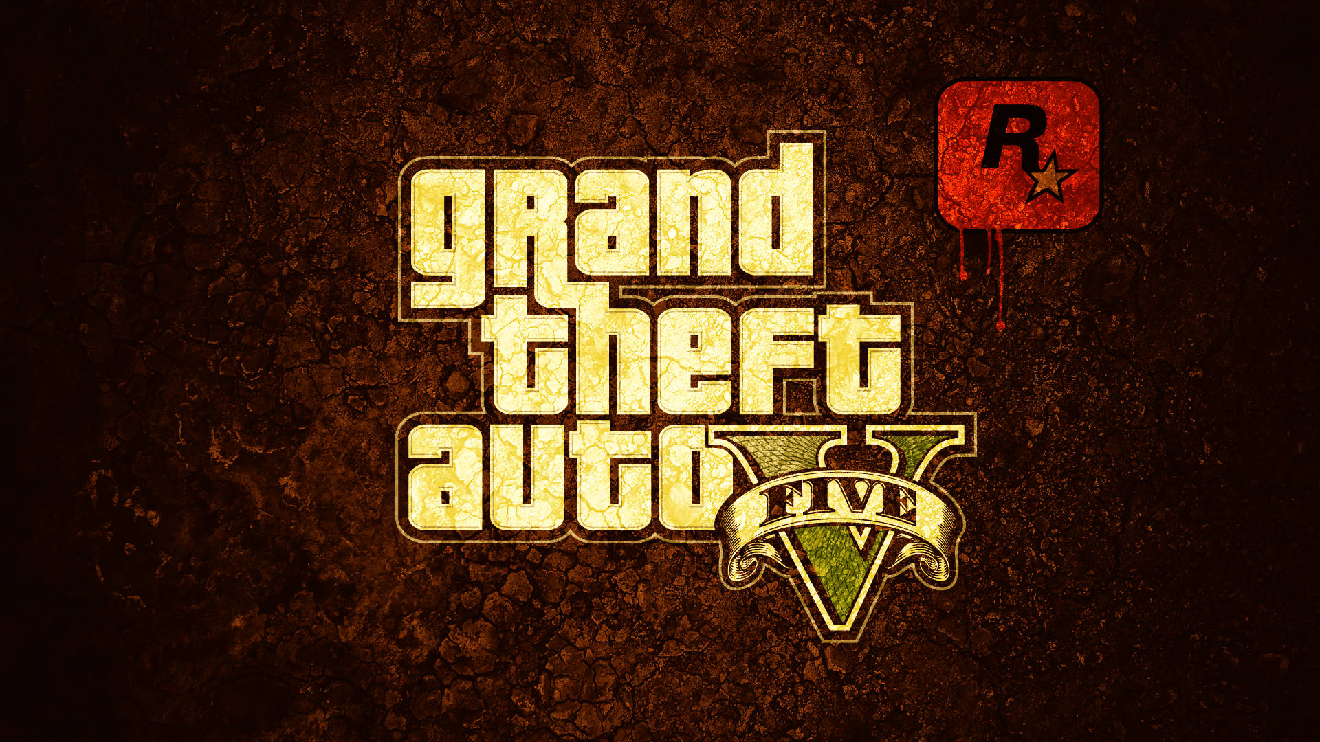 v 桌布 壁紙 — Grand Theft Auto V 標誌以破裂的黃色文字呈現在粗糙的棕色牆壁上，帶有紅色Rockstar Games標誌滲出紅色油漆。