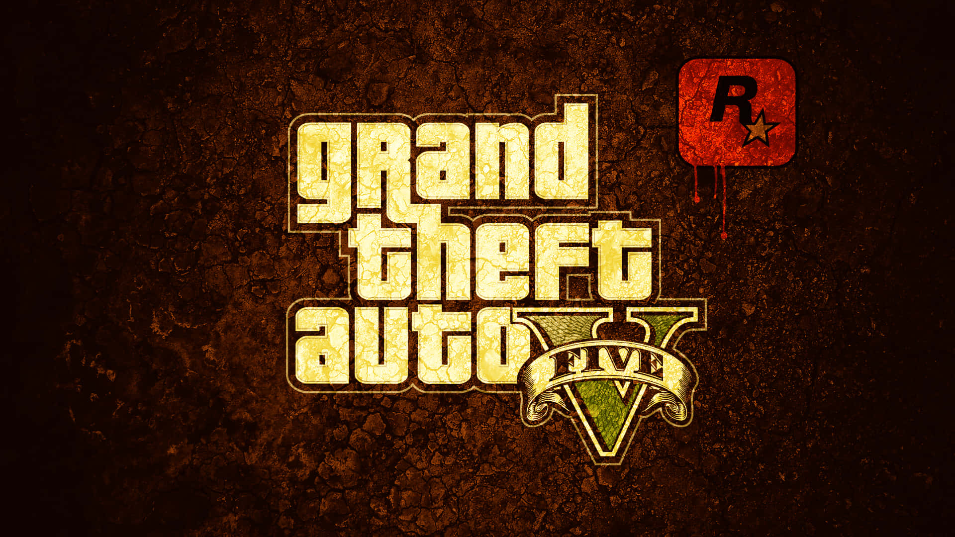 1920x1080 Grand Theft Auto V 桌布 壁紙 — Grand Theft Auto V 標誌以粗糙黃色文字顯示在裂開的棕色牆上，紅色Rockstar Games標誌滴血。