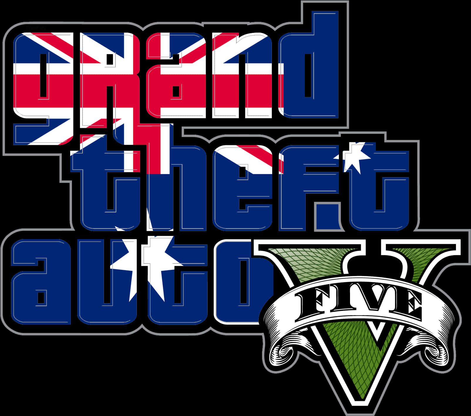 Gta Logo 桌布 壁紙 — Grand Theft Auto V 標誌，將英國和澳洲國旗融入黑色背景上的粗體藍色字體中。