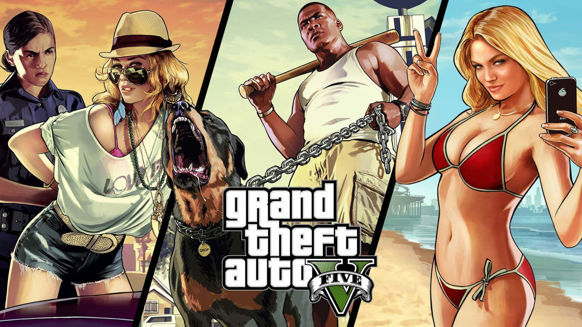 1920x1080 Grand Theft Auto V 桌布 壁紙 — Grand Theft Auto V 宣傳藝術，以四個風格化角色在分割畫面佈局中呈現，包括一隻咆哮的狗和遊戲標誌。