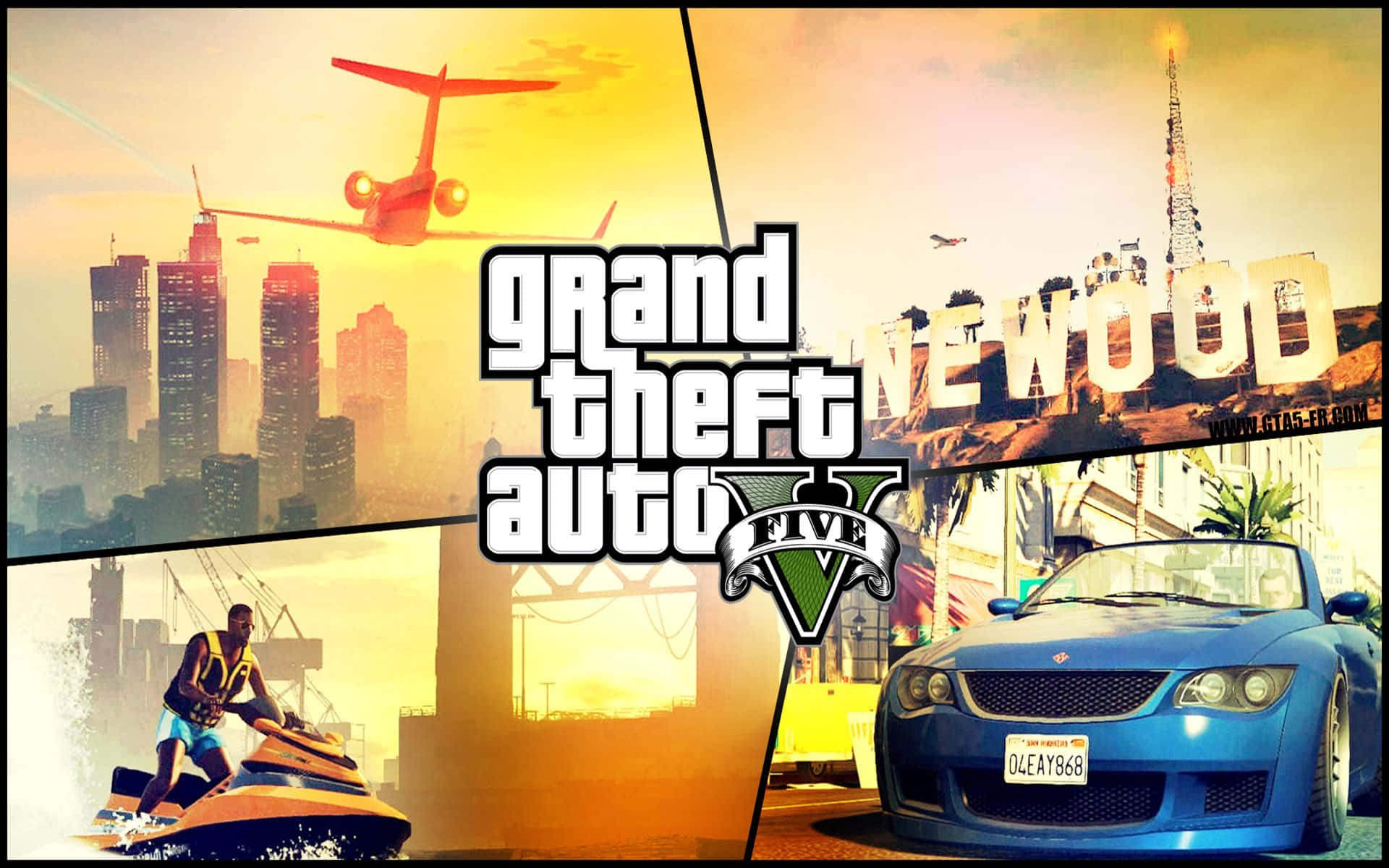 GTA 5 動圖 桌布 壁紙 — Grand Theft Auto V 宣傳拼貼畫，展示城市天際線、水上摩托車和藍色跑車在金色夕陽下。