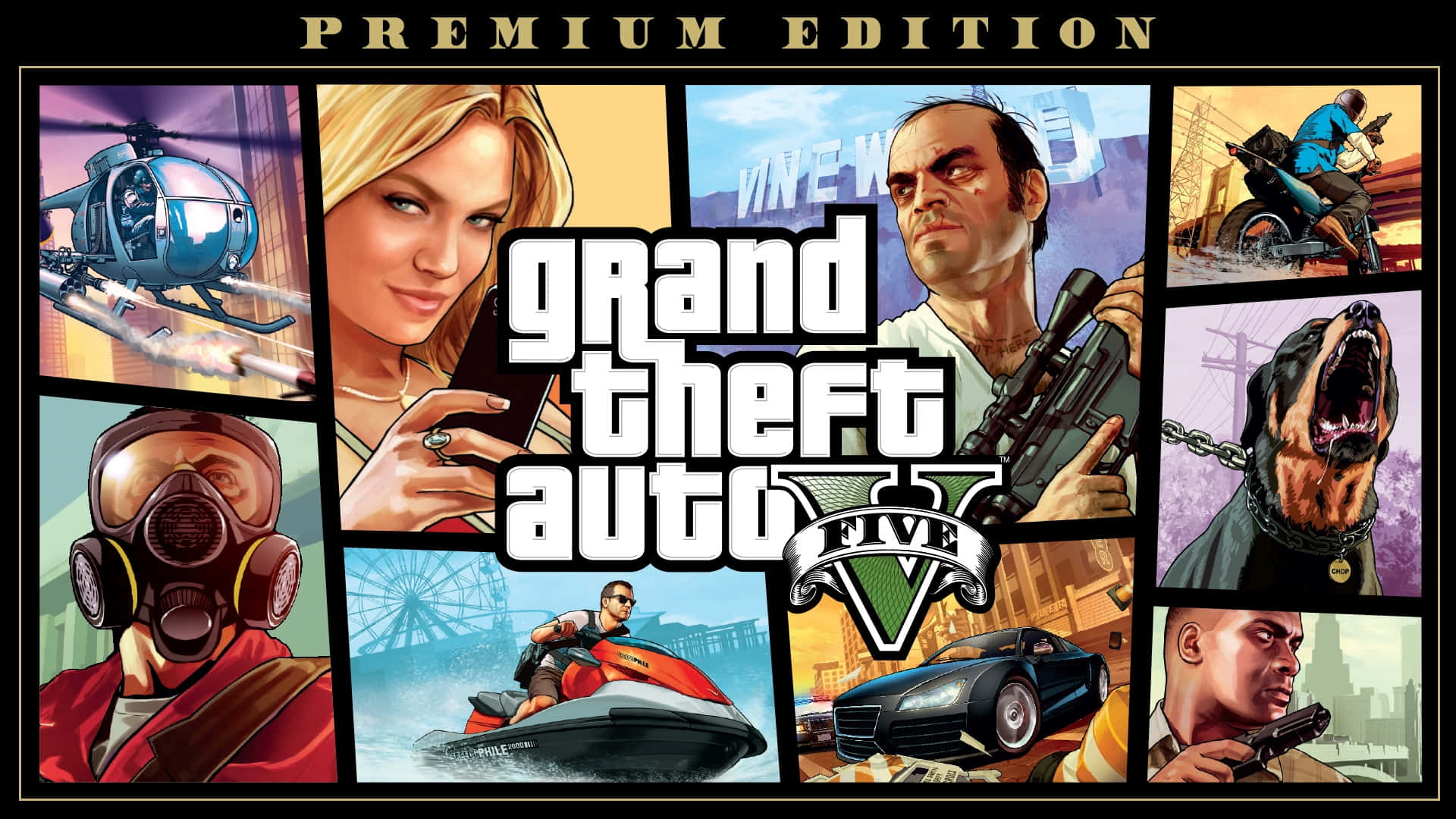 Grand Theft Auto V 桌布 壁紙 — Grand Theft Auto V 宣傳拼貼畫，以風格化漫畫面板展示角色、車輛和武器。