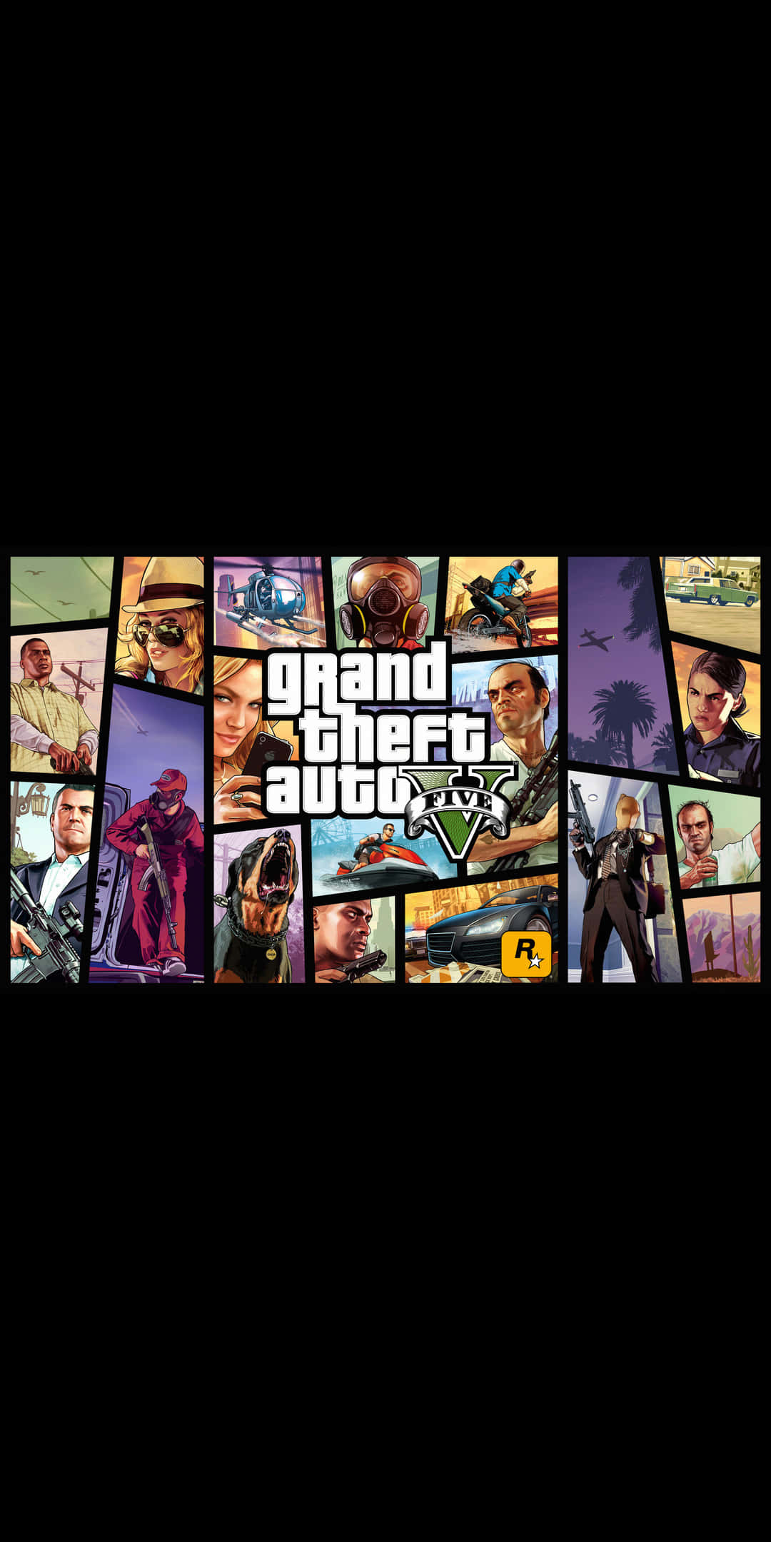Pixel 3 Grand Theft Auto V 桌布 壁紙 — Grand Theft Auto V 宣傳拼貼，以充滿活力的漫畫風格呈現多樣角色和動作場景。