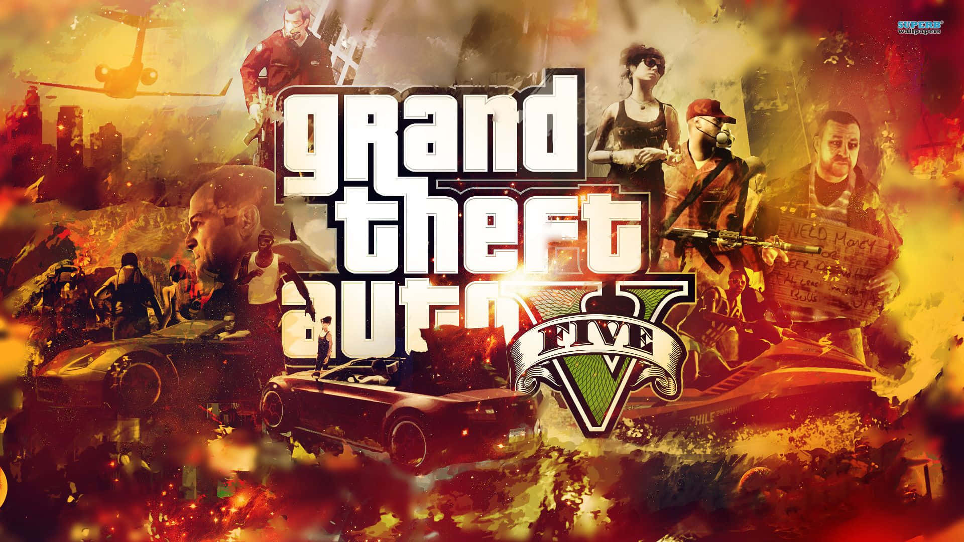 遊戲 桌布 壁紙 — Grand Theft Auto V 宣傳藝術作品，充滿熾熱爆炸和混亂角色，背景是 gritty 的城市戰區。