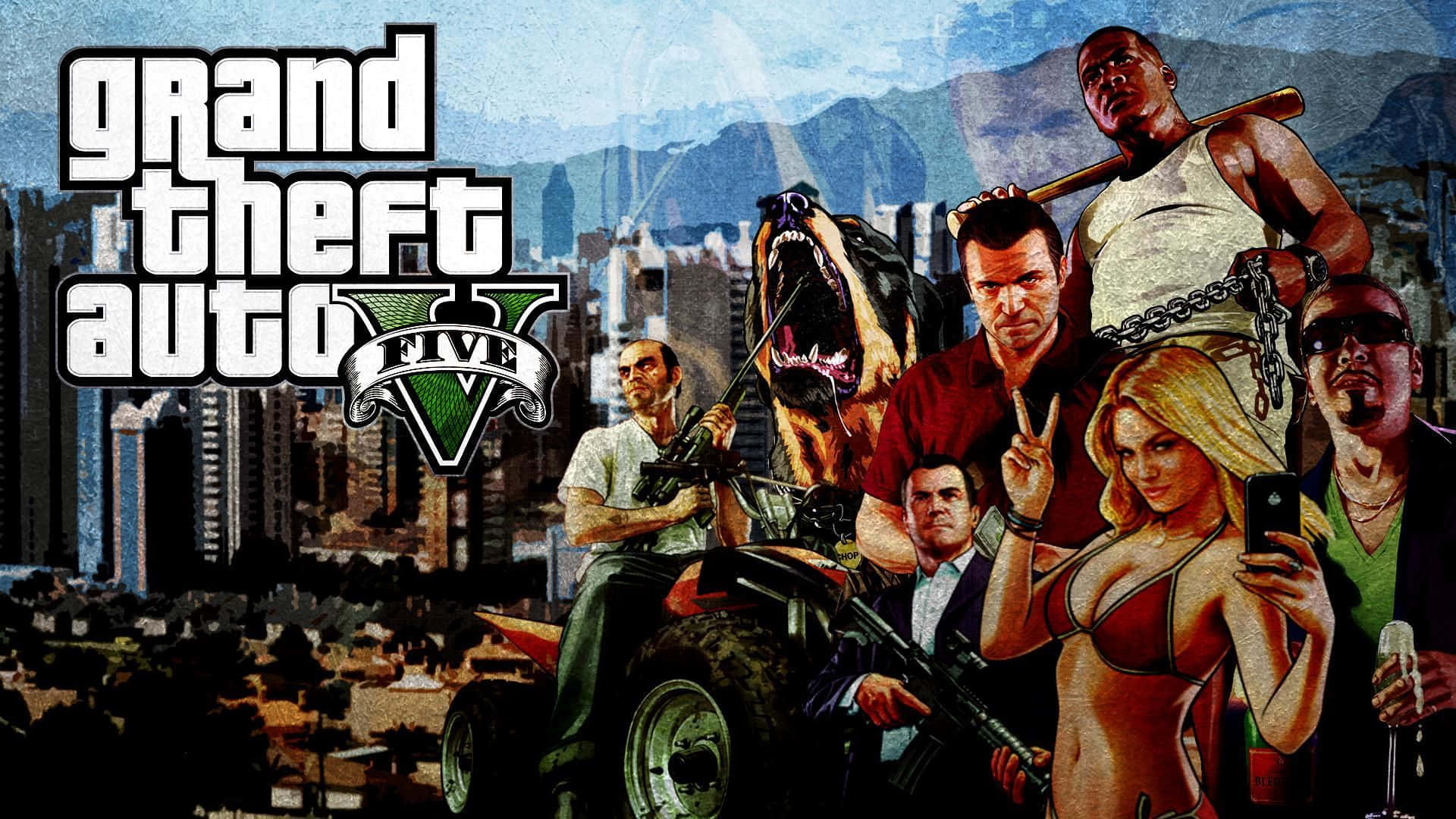 遊戲 桌布 壁紙 — 《Grand Theft Auto V》遊戲封面，展示主要角色在混亂的城市場景中，有一隻咆哮的狗和城市天際線。