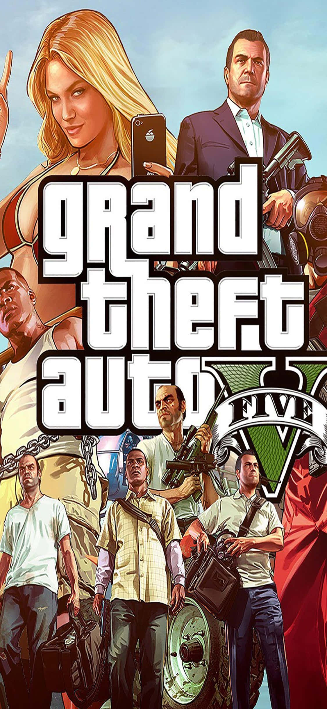 Grand Theft Auto V 桌布 壁紙 — 《Grand Theft Auto V》遊戲封面，主角們在充滿活力的城市環境中，配以粗體文字和動感姿勢。