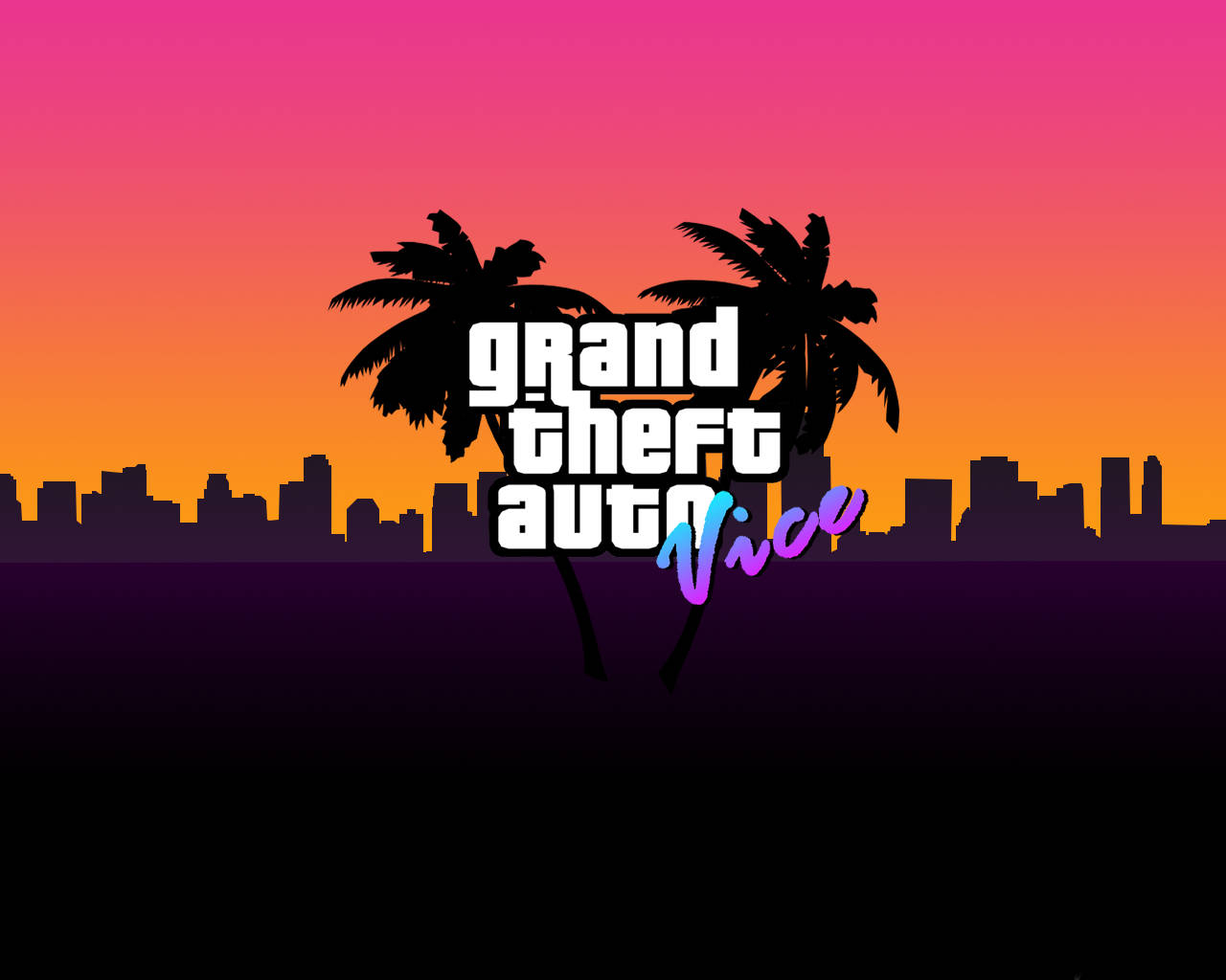 電玩遊戲 桌布 壁紙 — Grand Theft Auto Vice 標誌以粗體風格文字呈現，由棕櫚樹環繞，背景是充滿活力的日落城市天際線。