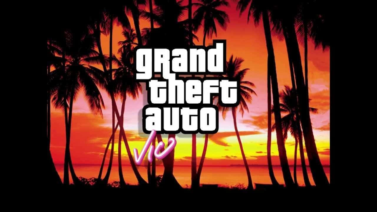 剪影 桌布 壁紙 — Grand Theft Auto Vice City 標誌在棕櫚樹剪影後的熾熱日落背景下發出霓虹光芒。