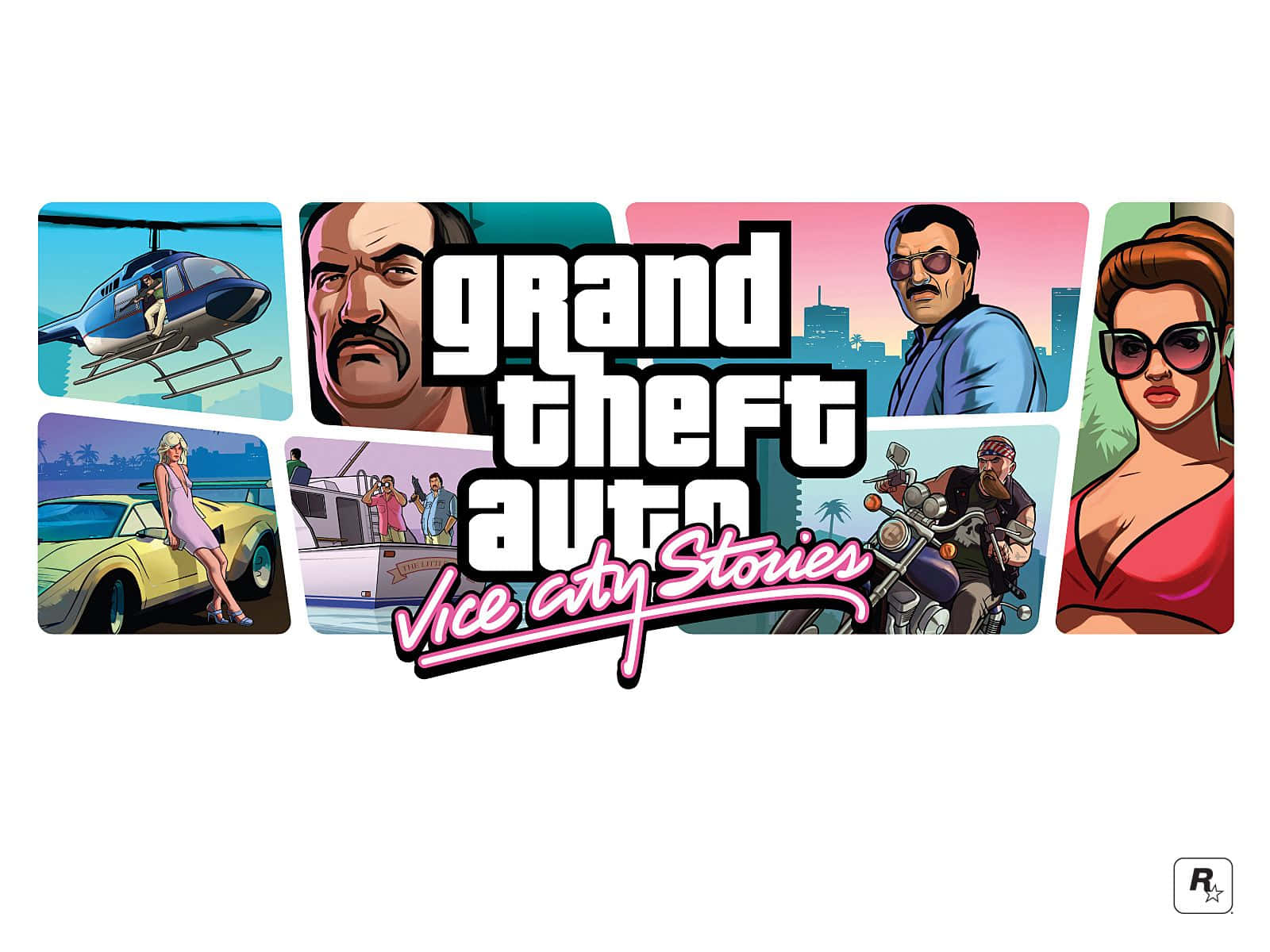 電玩遊戲 桌布 壁紙 — Grand Theft Auto Vice City Stories 的鮮明復古風格拼貼畫，角色和車輛在色彩繽紛的城市背景下呈現。