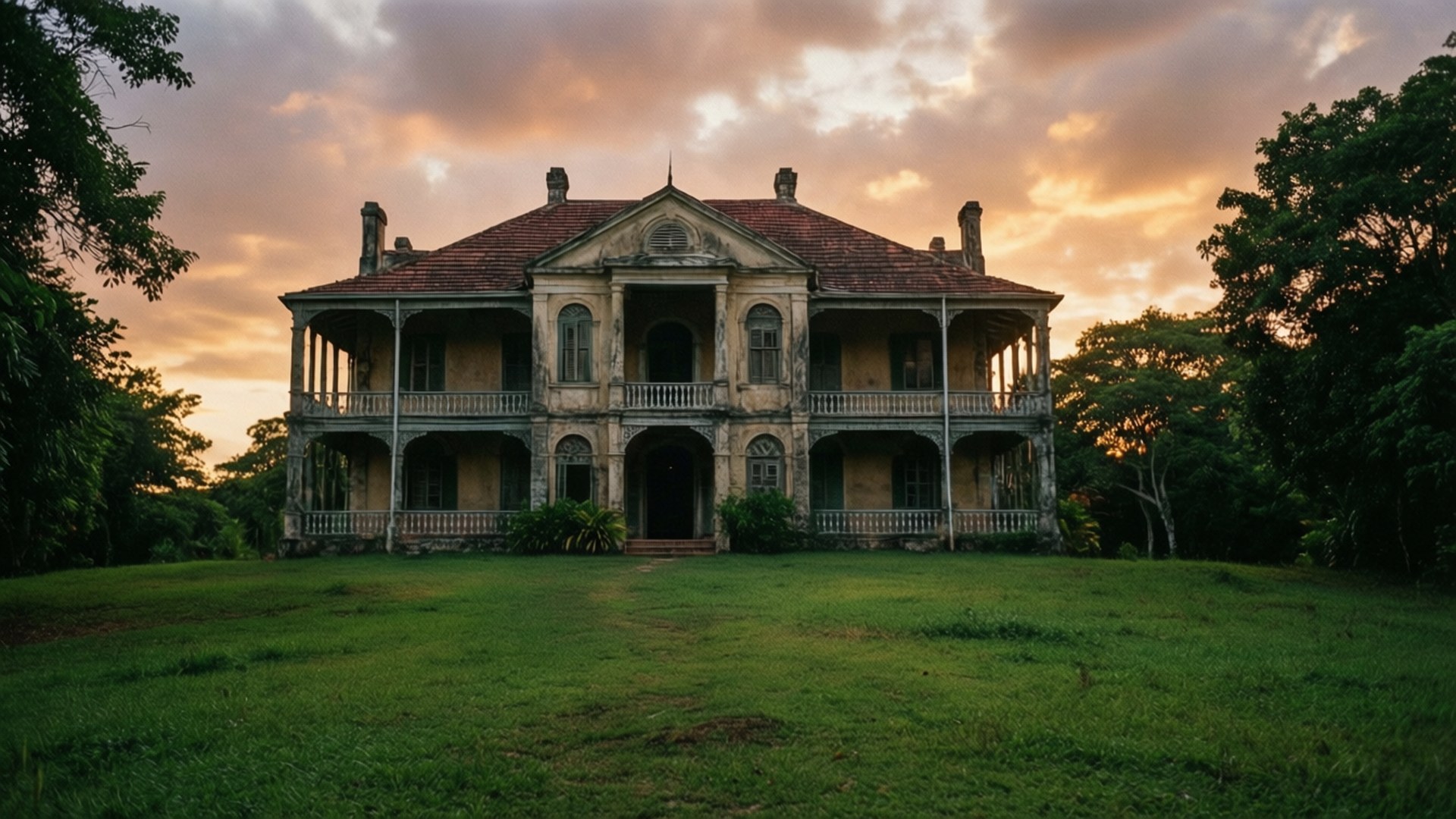 Rose Hall Great House 壁紙 — 一座宏偉的兩層殖民風格大宅，帶有風化的陽台，莊嚴地矗立在草地上，背景是戲劇性的日落天空。