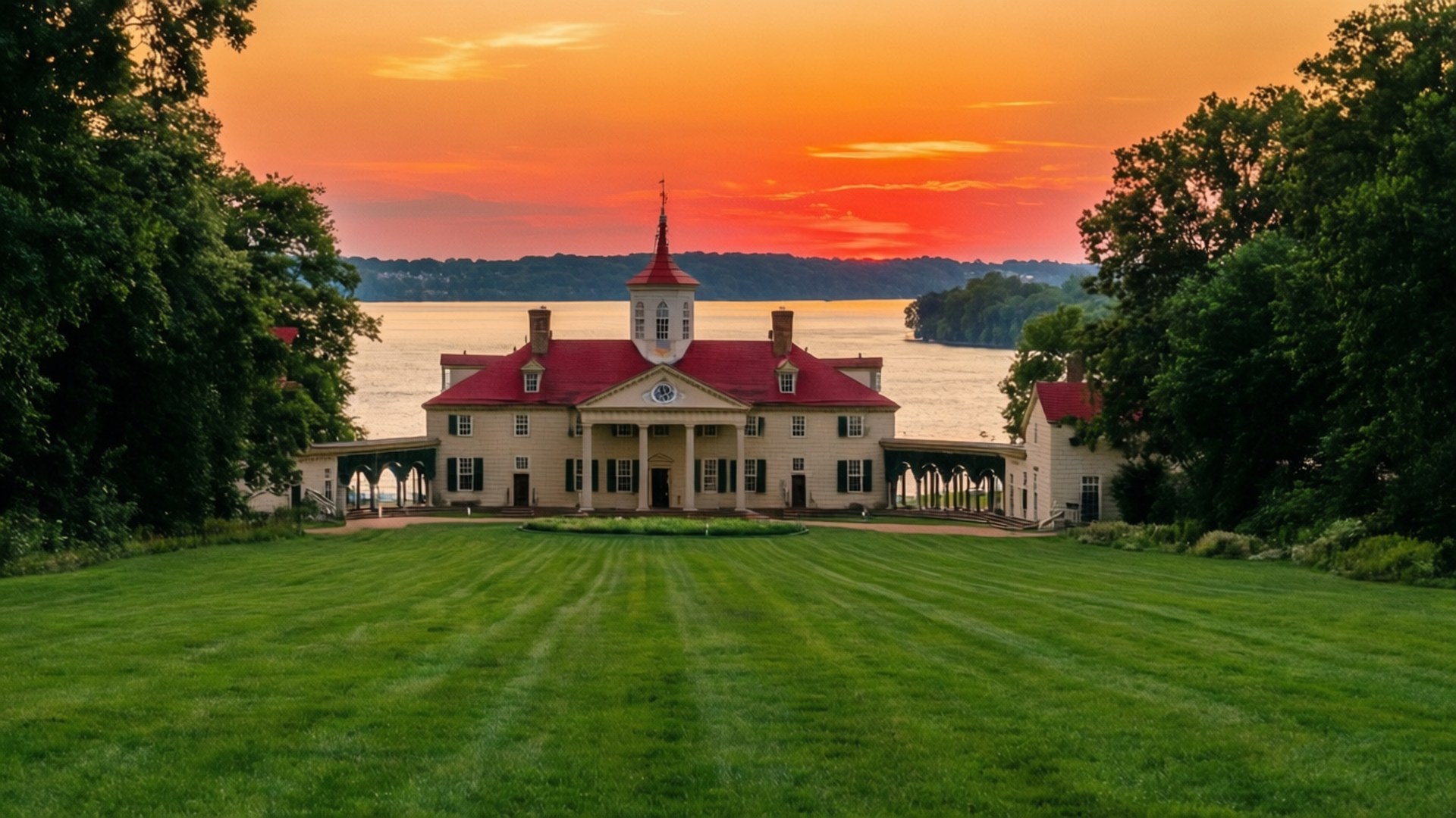 Mount Vernon Sunset 壁紙 — 一座宏偉的白色豪宅，擁有紅色屋頂和柱子，矗立在修剪整齊的草坪上，面向著火紅夕陽下的河流。
