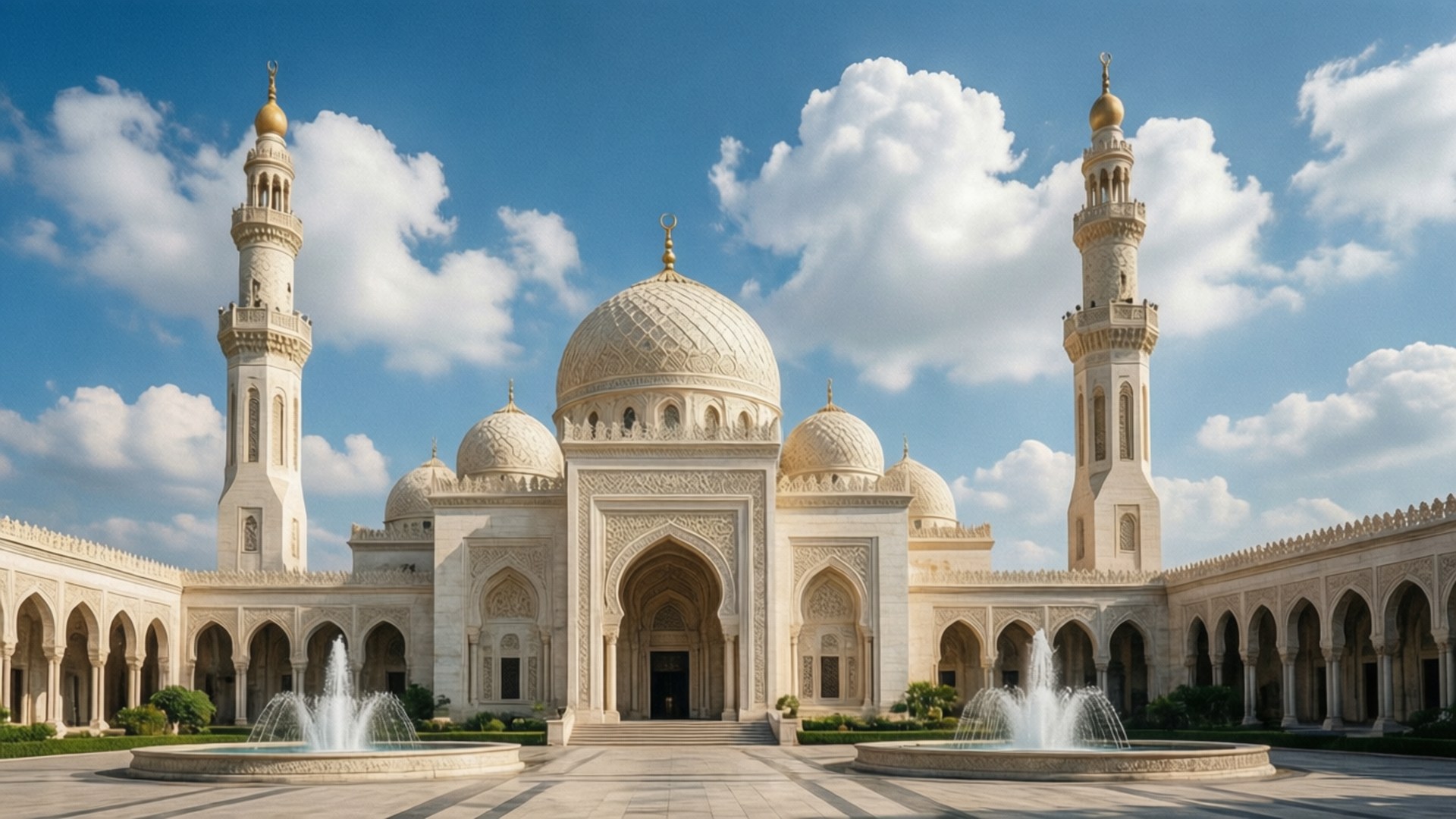Grand Mosque Serenity 壁紙 — 一座宏偉的白色清真寺，擁有圓頂和宣禮塔，矗立在明亮的藍天下，庭院中有蓬鬆的雲朵和噴泉。