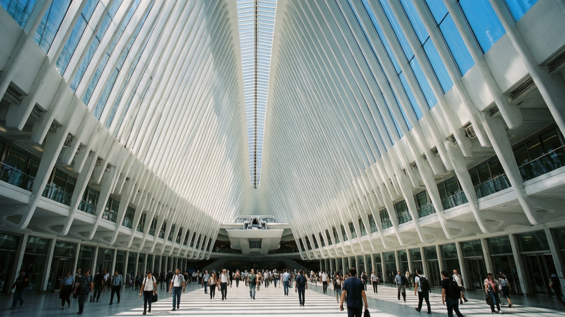 WTC Hub Architecture 壁紙 — 現代火車站的巨大白色棱紋天花板，人們在明亮的日光下行走。