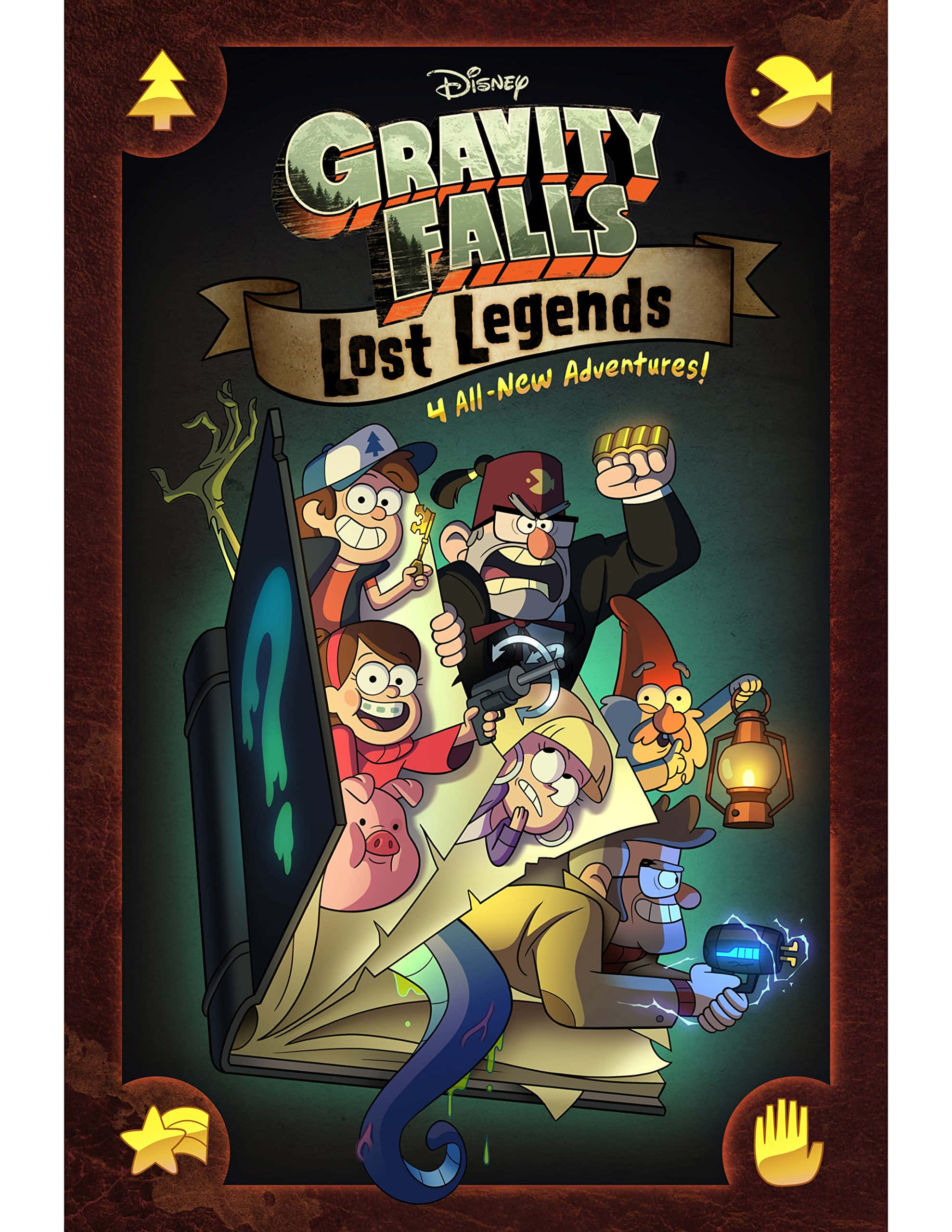 神秘小鎮大冒險 桌布 壁紙 — 《Gravity Falls Lost Legends》的鮮豔動畫海報，主角們從一本巨型書中爆出，表情恐怖又充滿冒險精神。