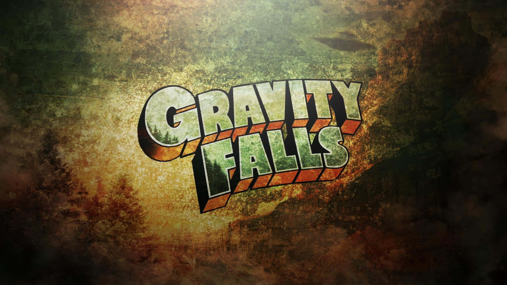 神秘小鎮大冒險 桌布 壁紙 — Gravity Falls 標誌在帶有紋理的森林背景上，以溫暖的金色燈光呈現復古 3D 效果，閃閃發光。