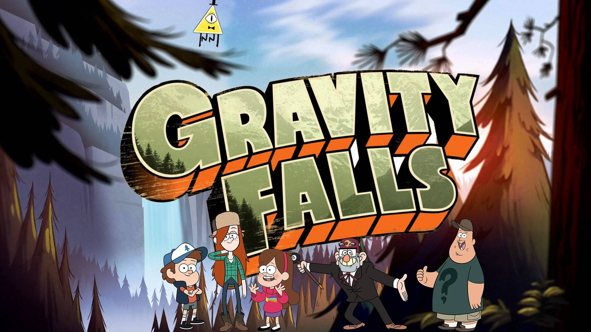 神秘小鎮大冒險 桌布 壁紙 — Gravity Falls 標題卡，主要角色站在森林中，一個神秘的黃色三角形漂浮在上方。