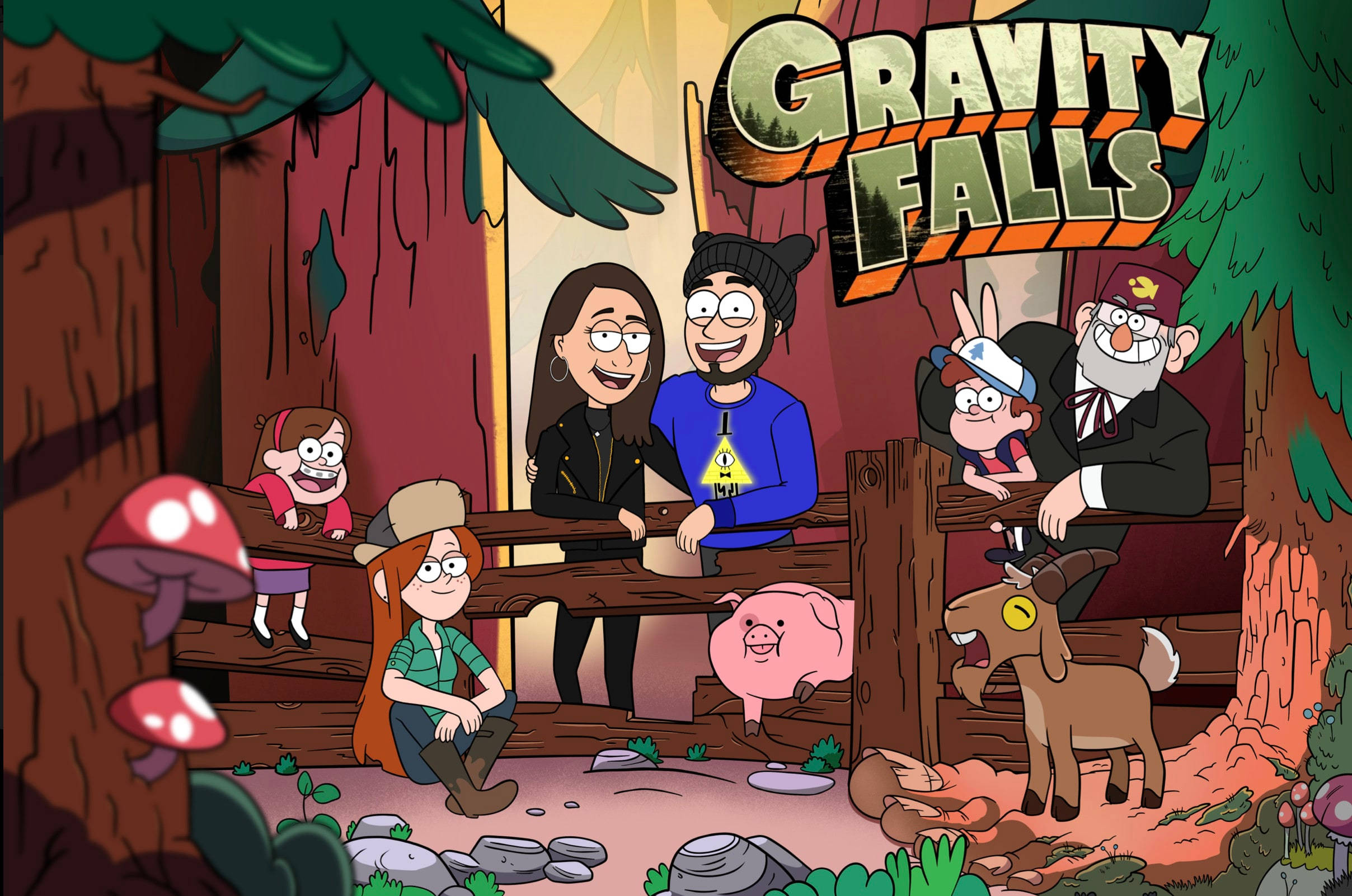 xd 桌布 壁紙 — Gravity Falls 角色聚集在一個有巨型蘑菇和粉紅色豬的奇幻森林空地。