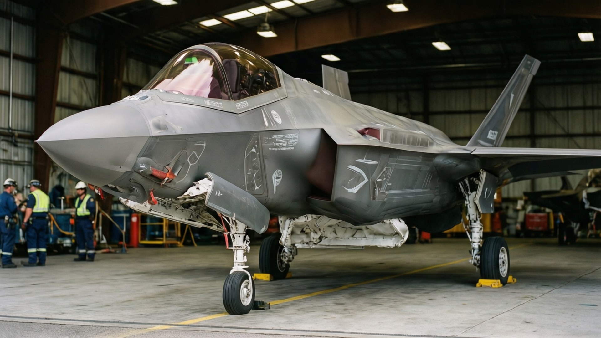 F35 桌布 壁紙 — 一架灰色F-35戰鬥機在機庫內展出，技術人員正在檢查其打開的起落架。