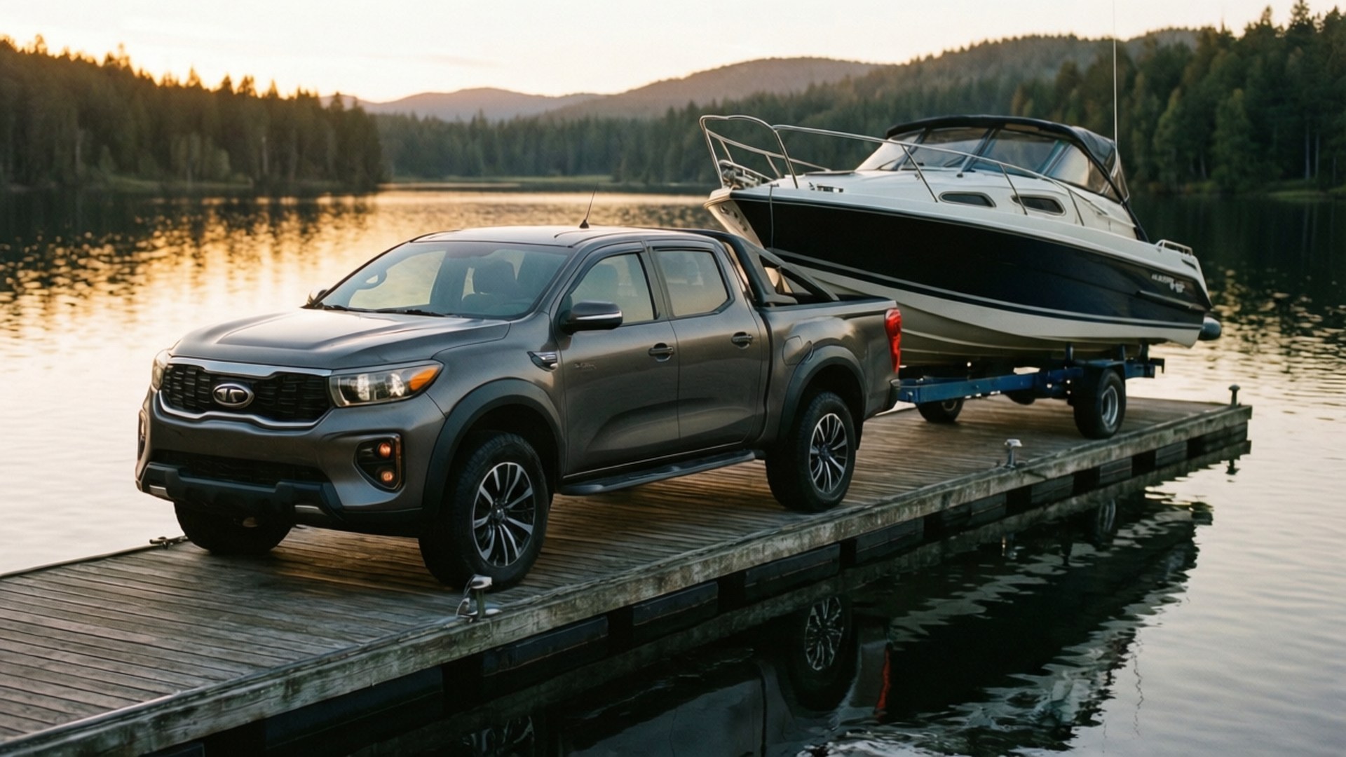 Tasman Lake Life 壁紙 — 一輛灰色Kia pickup truck在日落時分，將一艘白色和黑色的快艇拖上一個木製碼頭，湖面平靜，周圍是樹木繁茂的山丘。