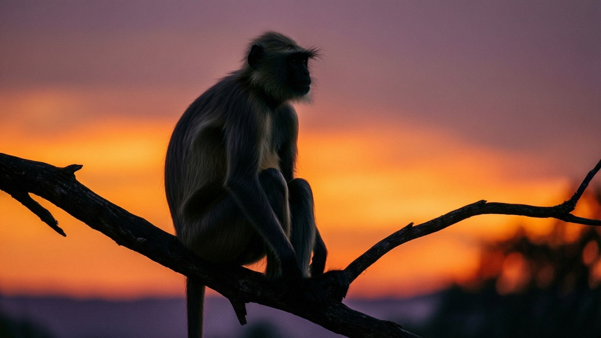 Monkey Sunset Silhouette 壁紙 — 一隻灰色的猴子以剪影形式坐在光禿禿的樹枝上，背景是充滿活力的橙色和紫色日落天空。