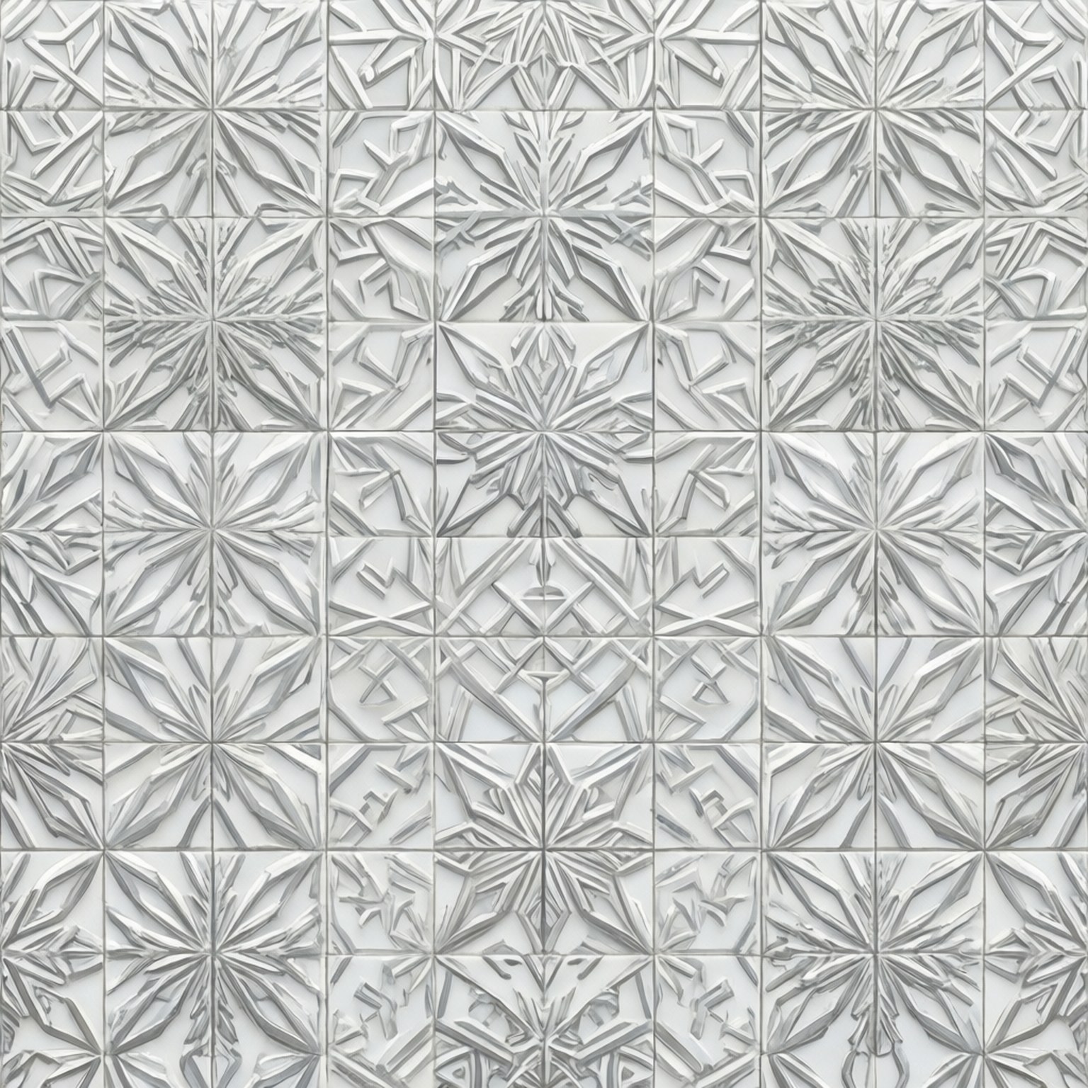 Minimalist Snowflake Pattern 壁紙 — 單色灰色中重複的浮雕雪花瓷磚圖案，帶有微妙的陰影，營造出有紋理的幾何壁紙。