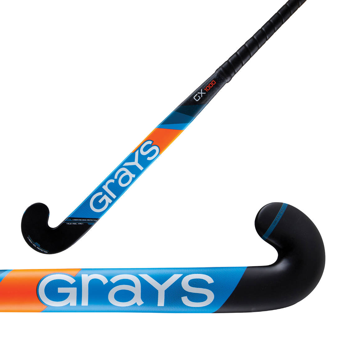 曲棍球 桌布 壁紙 — Grays GX1000 曲棍球棍特寫，帶有醒目的藍色、橙色和黑色品牌標誌，背景為純白色。