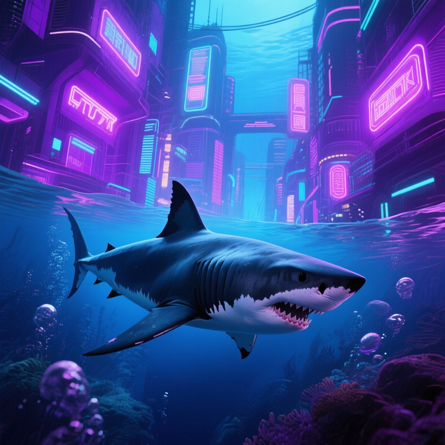 Cyberpunk Shark 壁紙 — 一條大白鯊在閃爍著紫色和藍色光芒的霓虹賽博龐克城市景觀下游動。